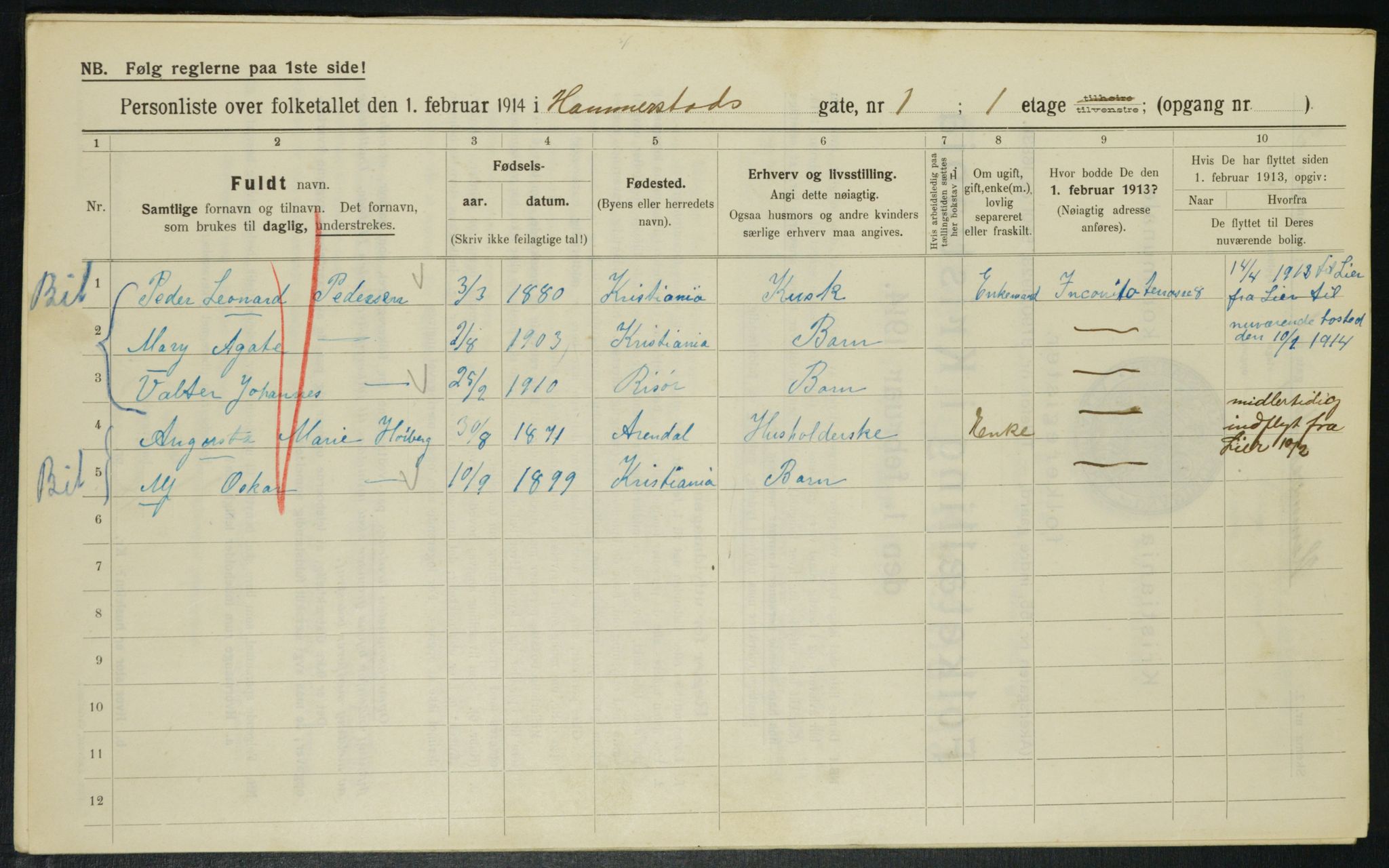 OBA, Municipal Census 1914 for Kristiania, 1914, p. 34606