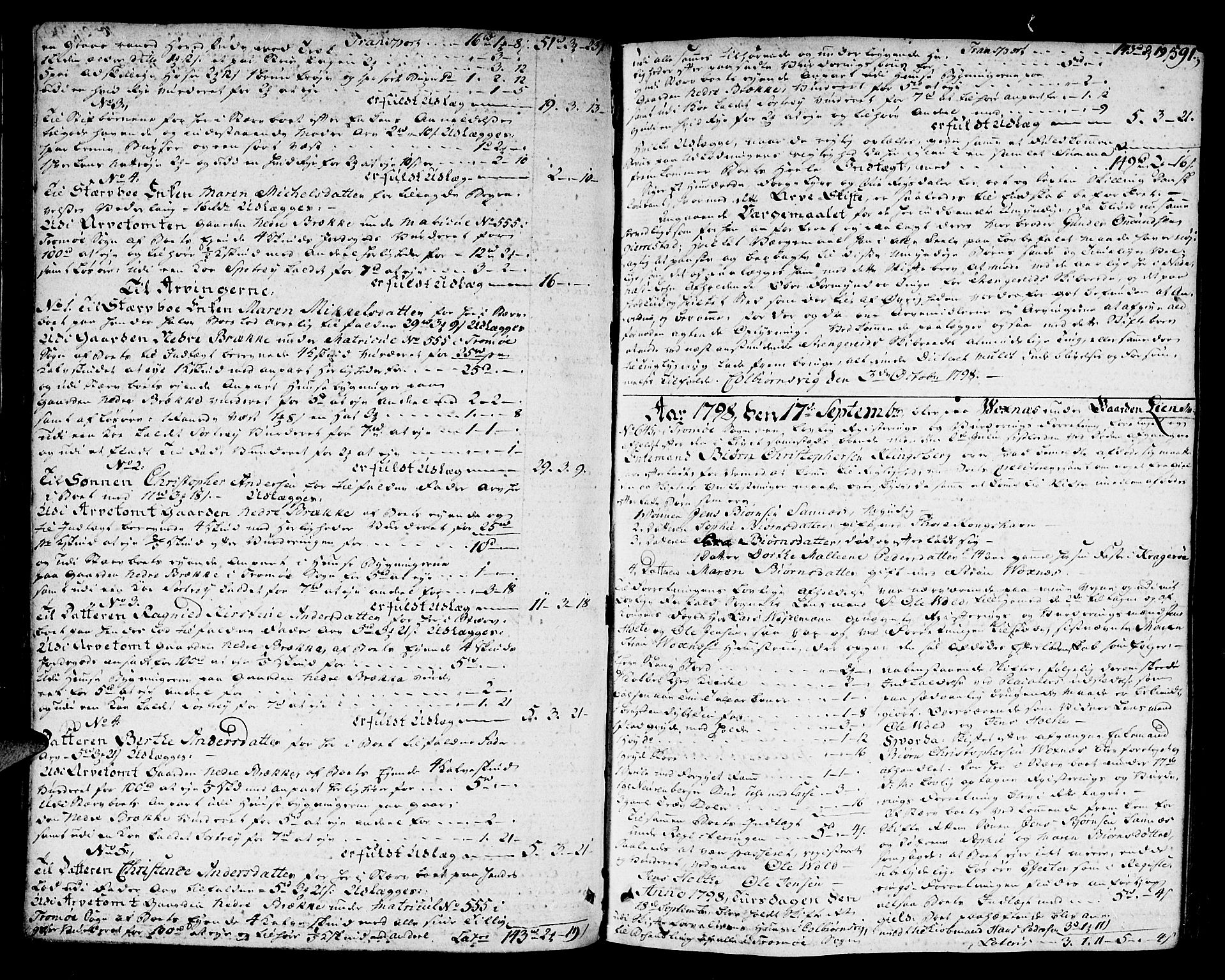 Nedenes sorenskriveri før 1824, SAK/1221-0007/H/Hc/L0042: Skifteprotokoll med register nr 29a, 1795-1800, p. 590b-591a