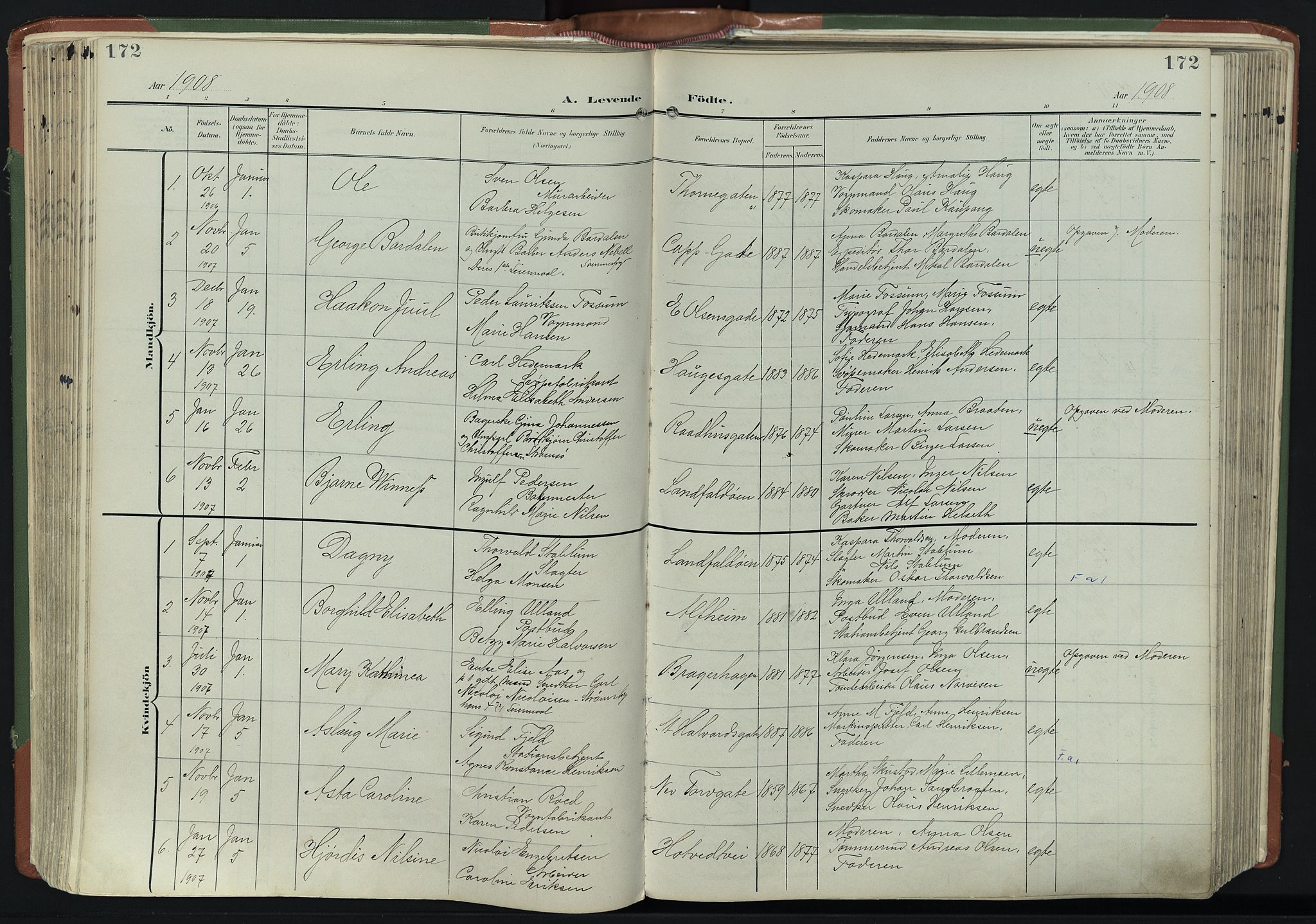 Bragernes kirkebøker, SAKO/A-6/F/Fb/L0009: Parish register (official) no. II 9, 1902-1911, p. 172