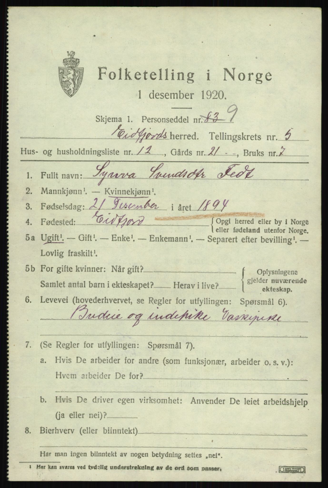 SAB, 1920 census for Eidfjord, 1920, p. 1916