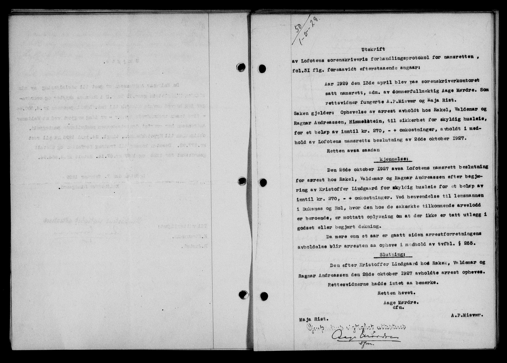 Lofoten sorenskriveri, AV/SAT-A-0017/1/2/2C/L0019b: Mortgage book no. 19b, 1929-1929, Deed date: 01.05.1929