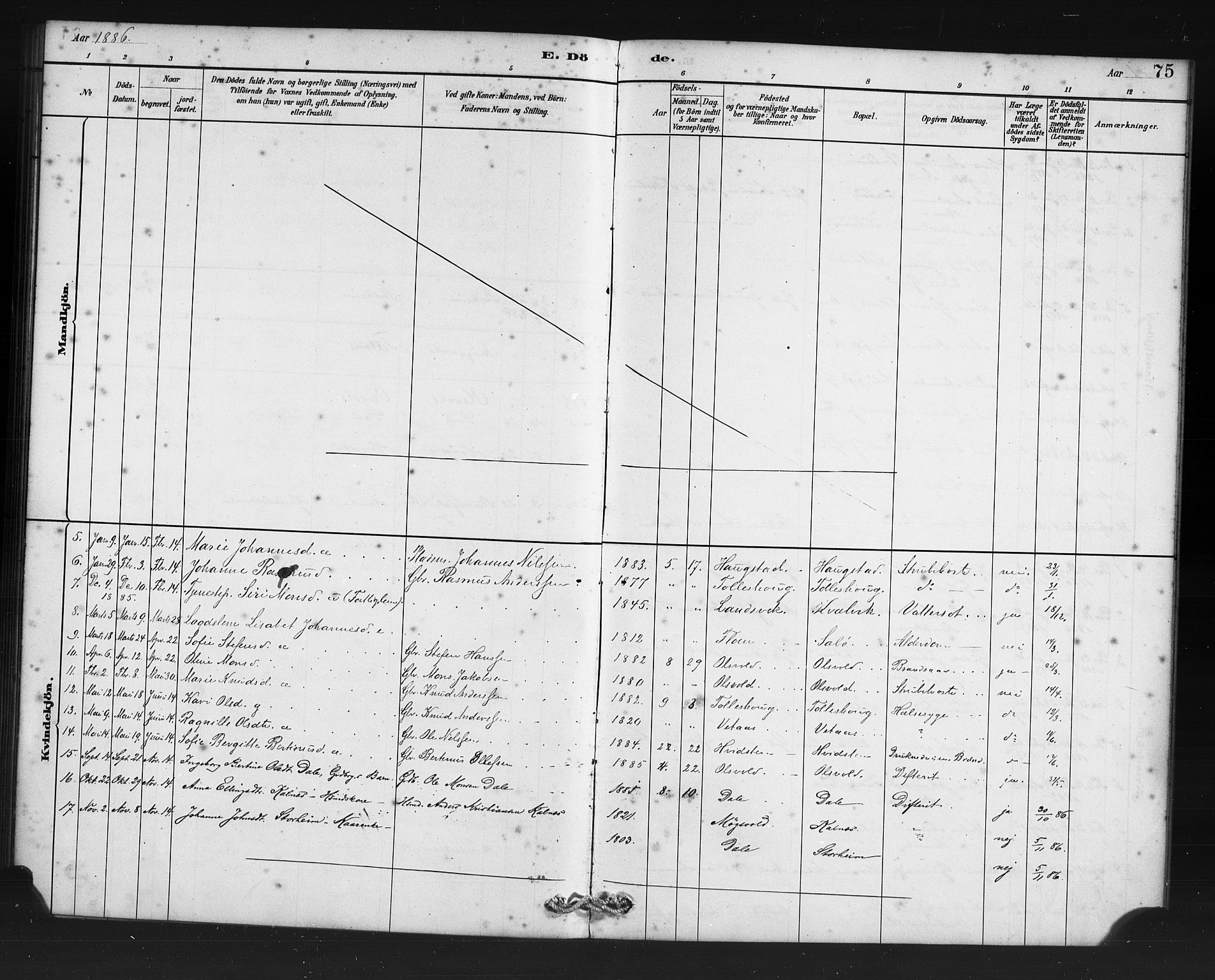 Manger sokneprestembete, AV/SAB-A-76801/H/Haa: Parish register (official) no. D 1, 1881-1892, p. 75