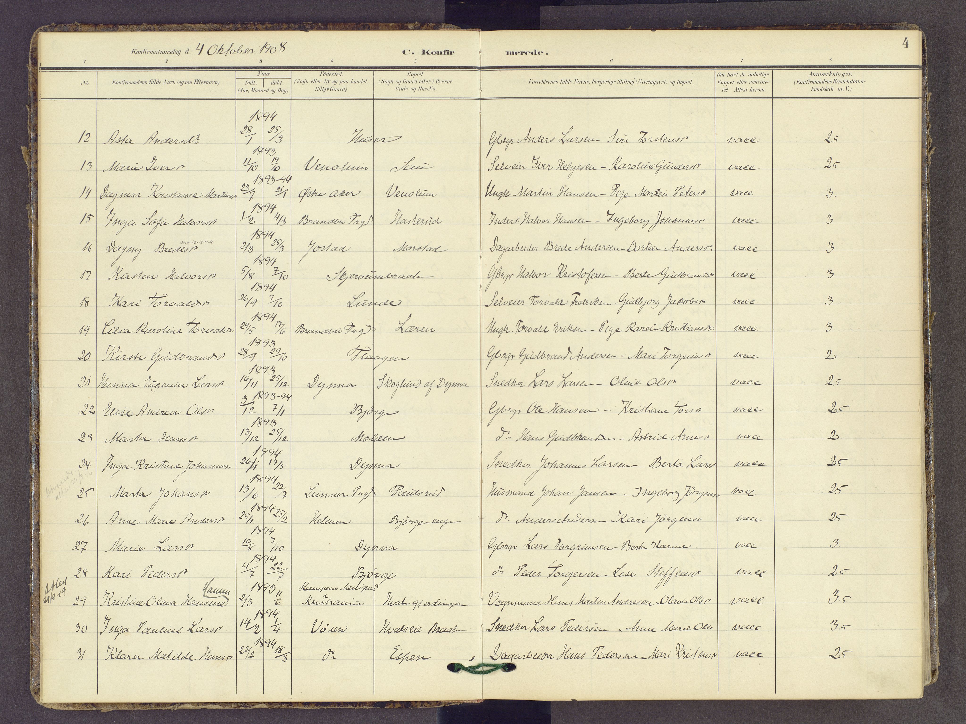 Gran prestekontor, AV/SAH-PREST-112/H/Ha/Haa/L0022: Parish register (official) no. 22, 1908-1918, p. 4