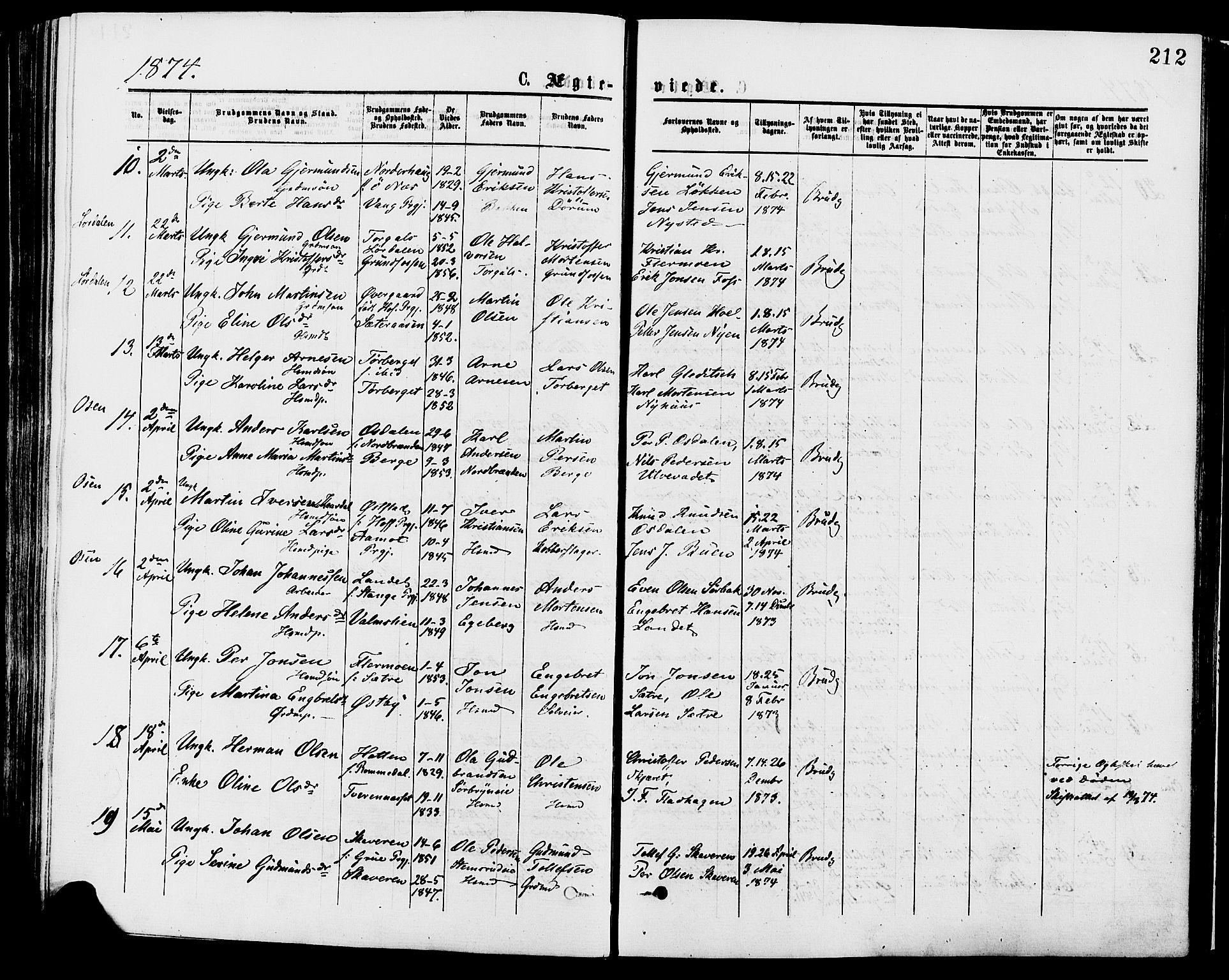 Trysil prestekontor, AV/SAH-PREST-046/H/Ha/Haa/L0007: Parish register (official) no. 7, 1874-1880, p. 212