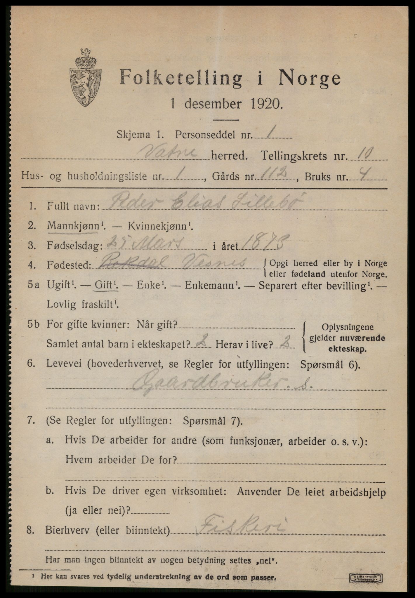 SAT, 1920 census for Vatne, 1920, p. 3922