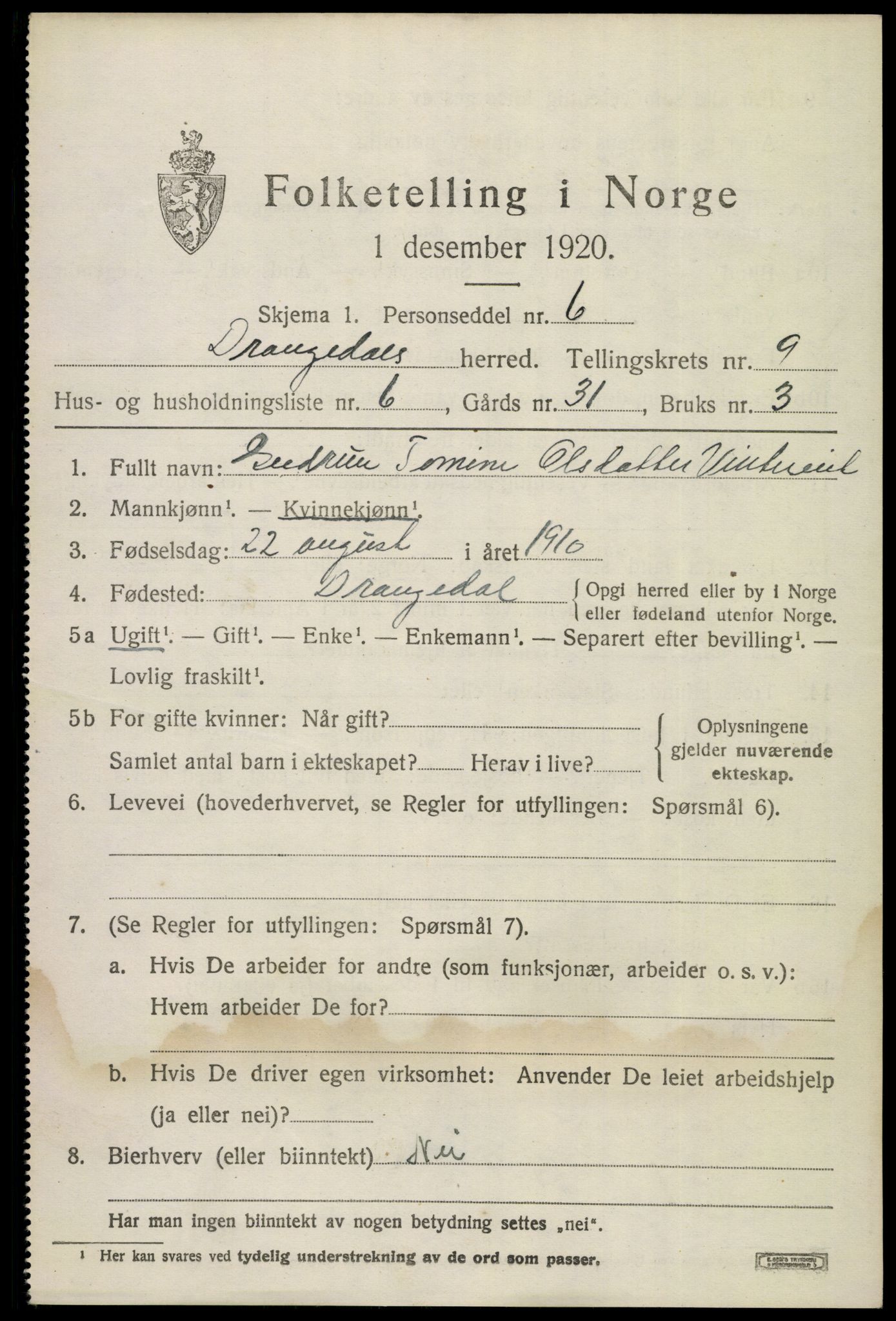 SAKO, 1920 census for Drangedal, 1920, p. 6129