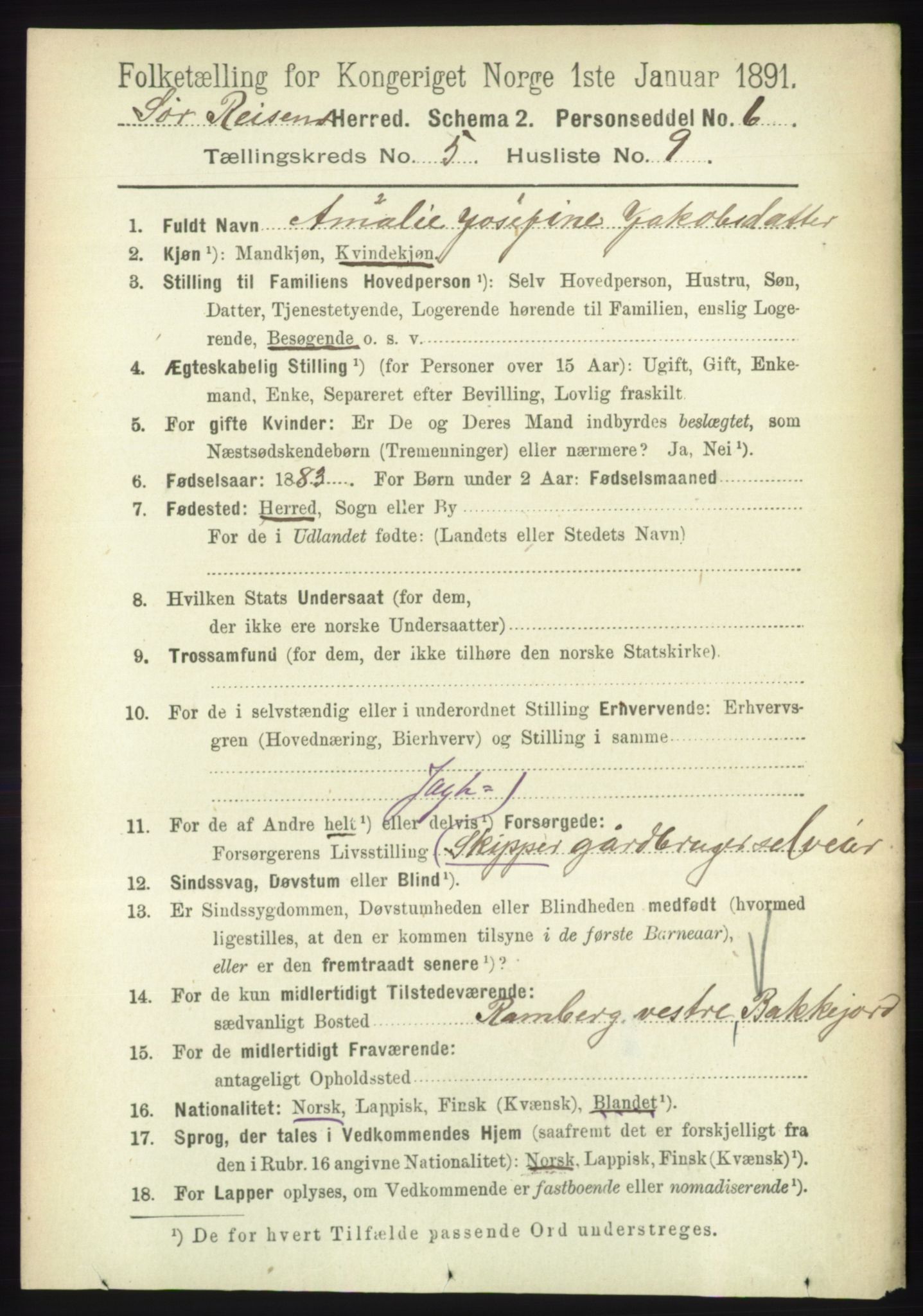 RA, 1891 census for 1925 Sørreisa, 1891, p. 1643