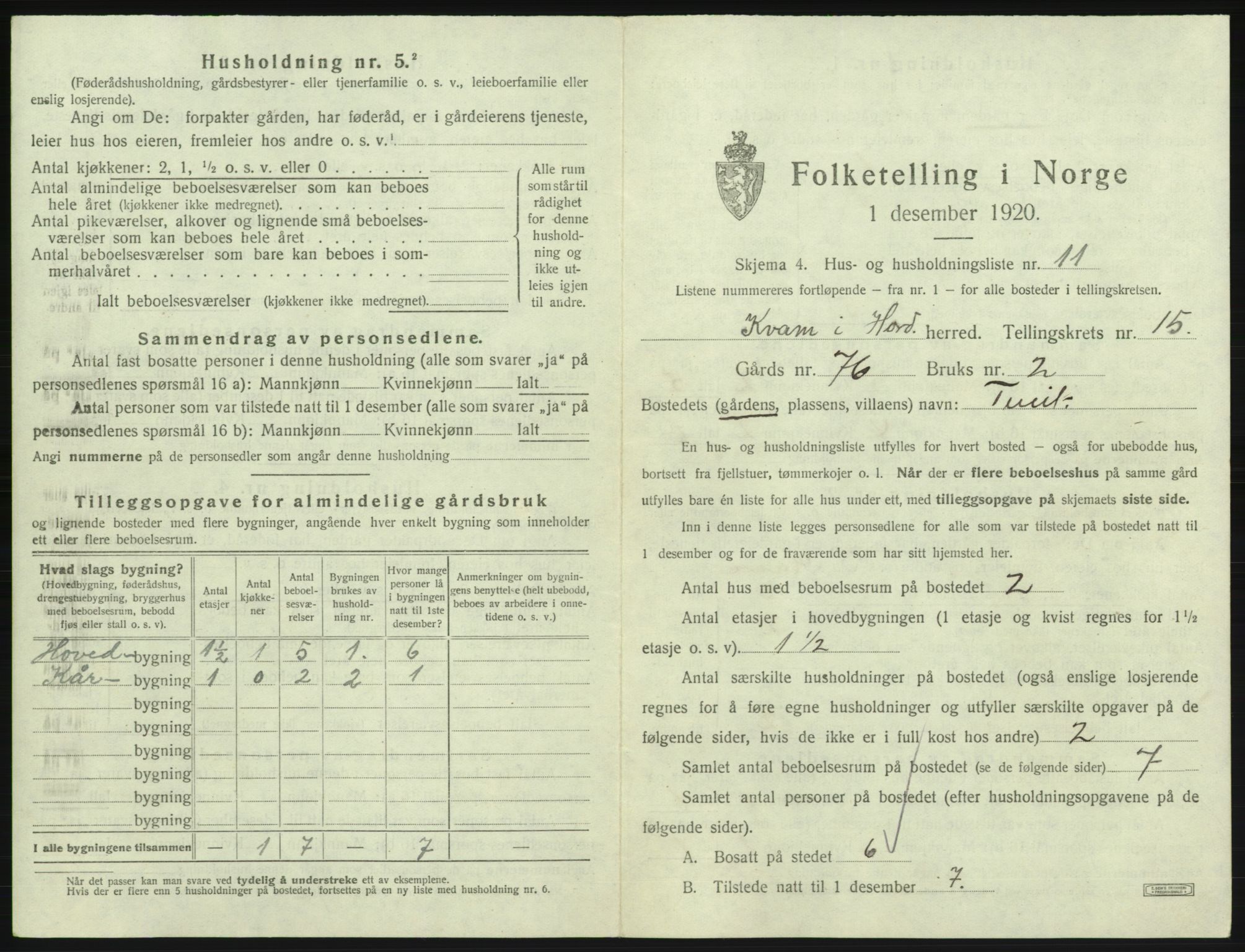 SAB, 1920 census for Kvam, 1920, p. 1256