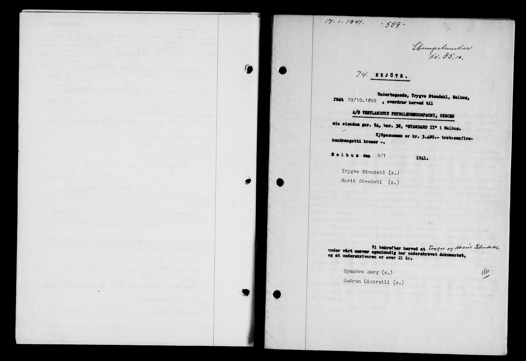Gauldal sorenskriveri, SAT/A-0014/1/2/2C/L0052: Mortgage book no. 57, 1940-1941, Diary no: : 74/1941