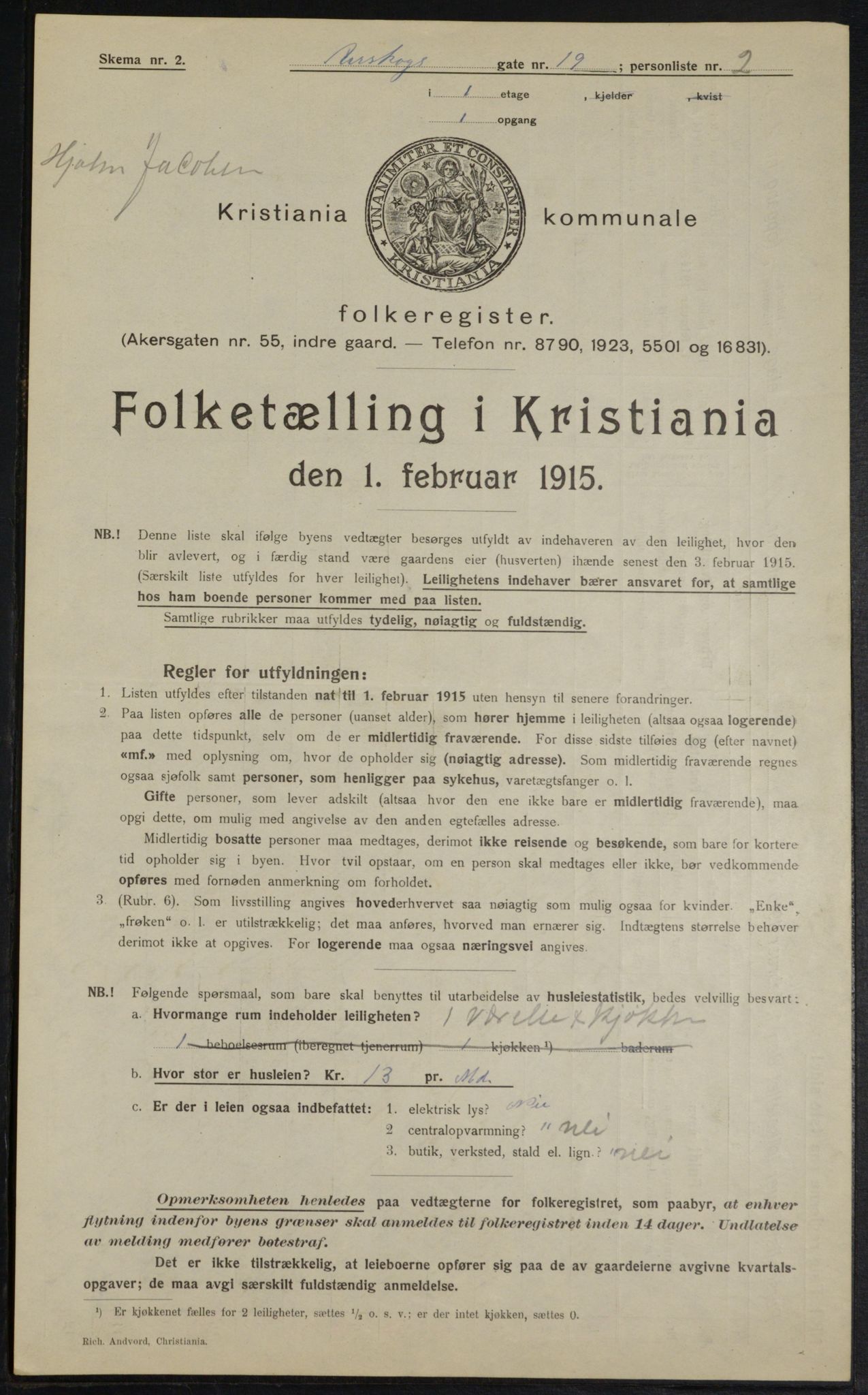 OBA, Municipal Census 1915 for Kristiania, 1915, p. 2707