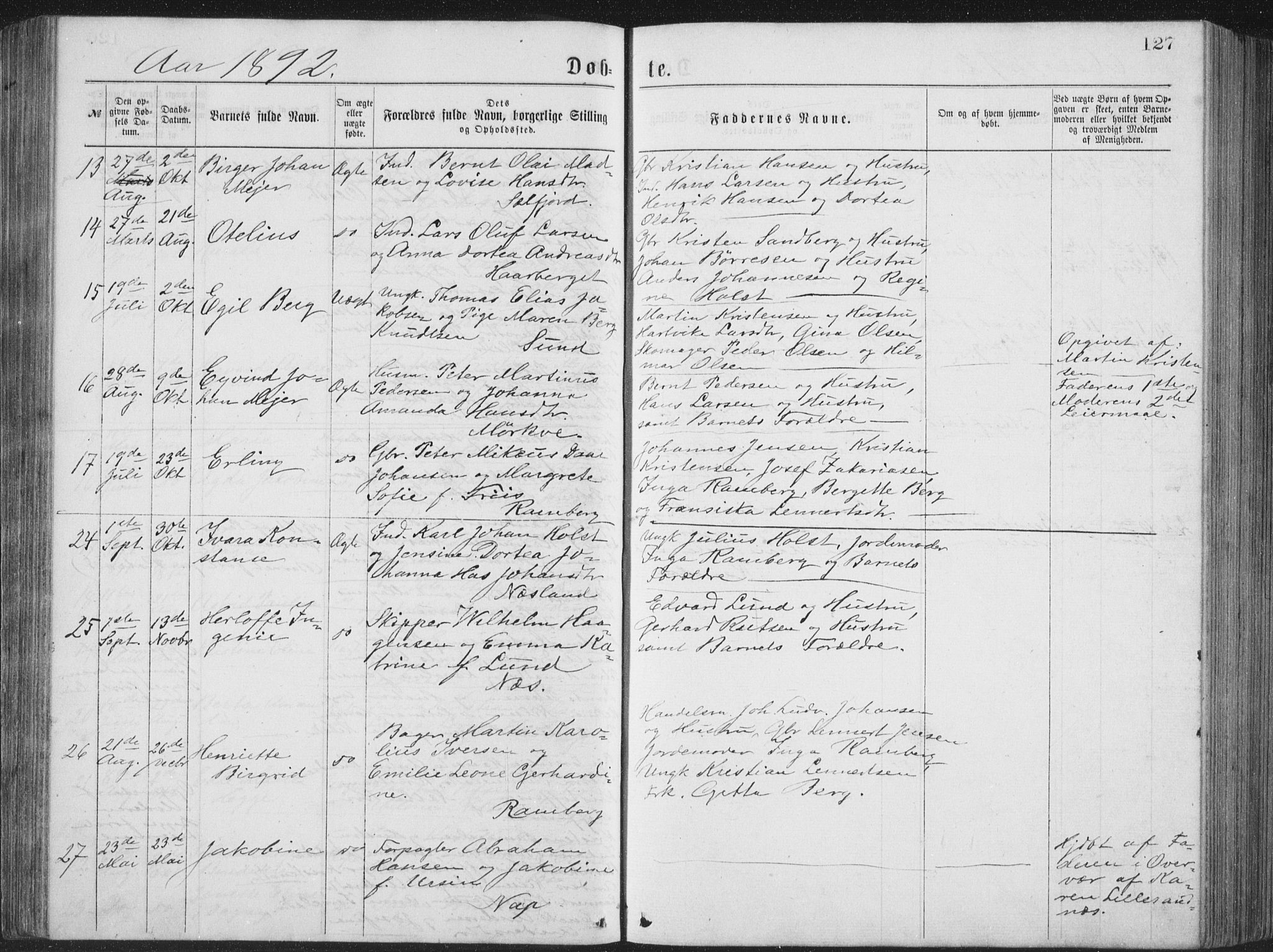 Ministerialprotokoller, klokkerbøker og fødselsregistre - Nordland, AV/SAT-A-1459/885/L1213: Parish register (copy) no. 885C02, 1874-1892, p. 127