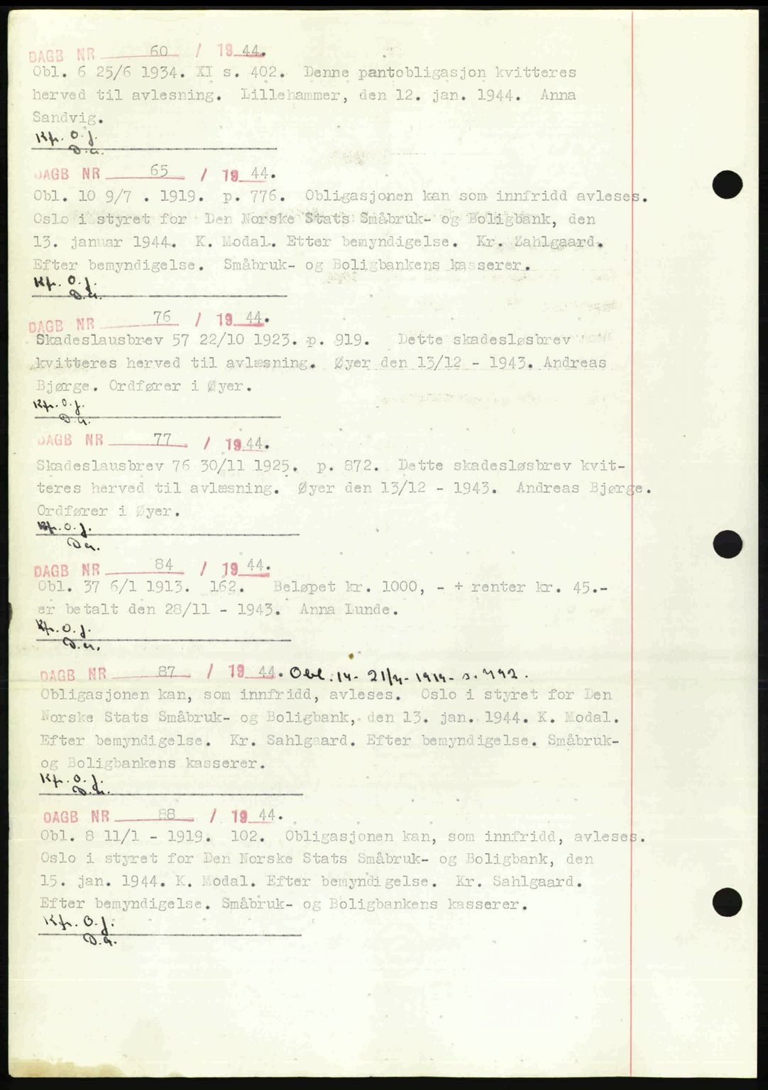 Sør-Gudbrandsdal tingrett, SAH/TING-004/H/Hb/Hbf/L0002: Mortgage book no. C1, 1938-1951, Diary no: : 60/1944
