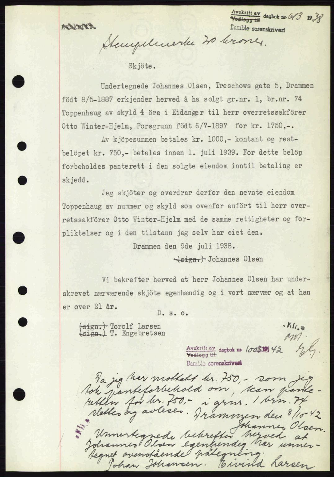 Bamble sorenskriveri, AV/SAKO-A-214/G/Ga/Gag/L0002: Mortgage book no. A-2, 1937-1938, Diary no: : 613/1938