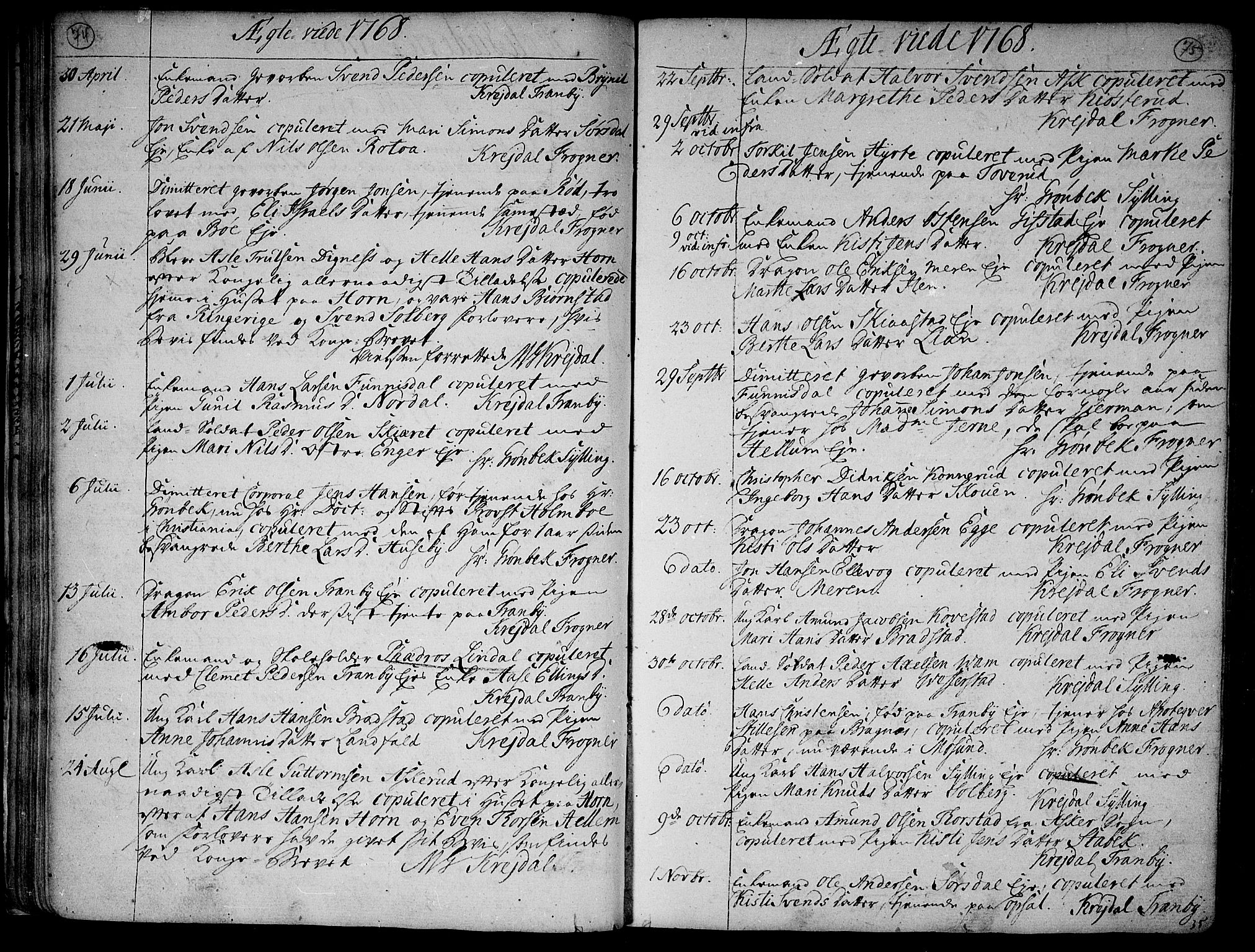 Lier kirkebøker, AV/SAKO-A-230/F/Fa/L0005: Parish register (official) no. I 5, 1764-1777, p. 74-75