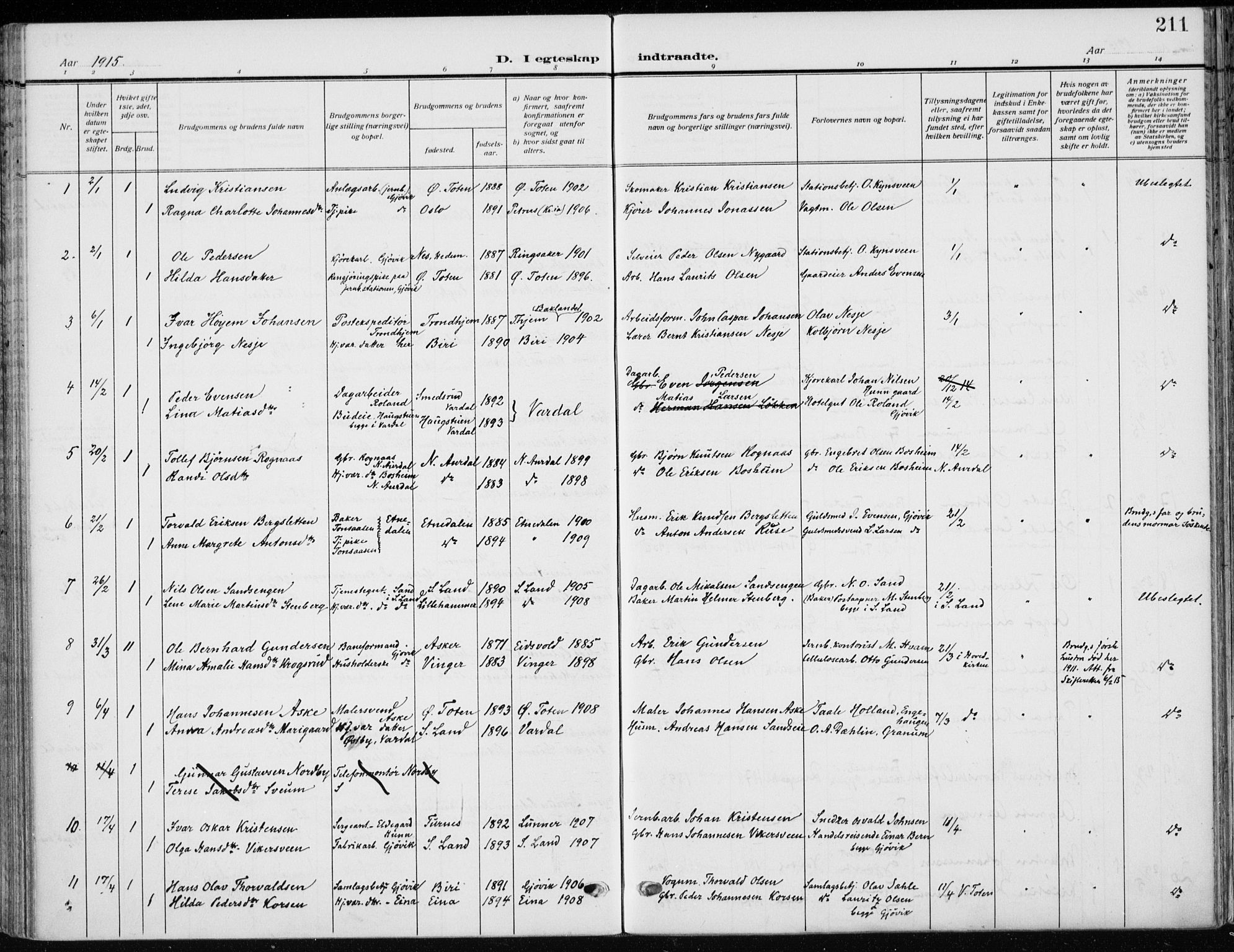 Vardal prestekontor, SAH/PREST-100/H/Ha/Haa/L0014: Parish register (official) no. 14, 1912-1922, p. 211
