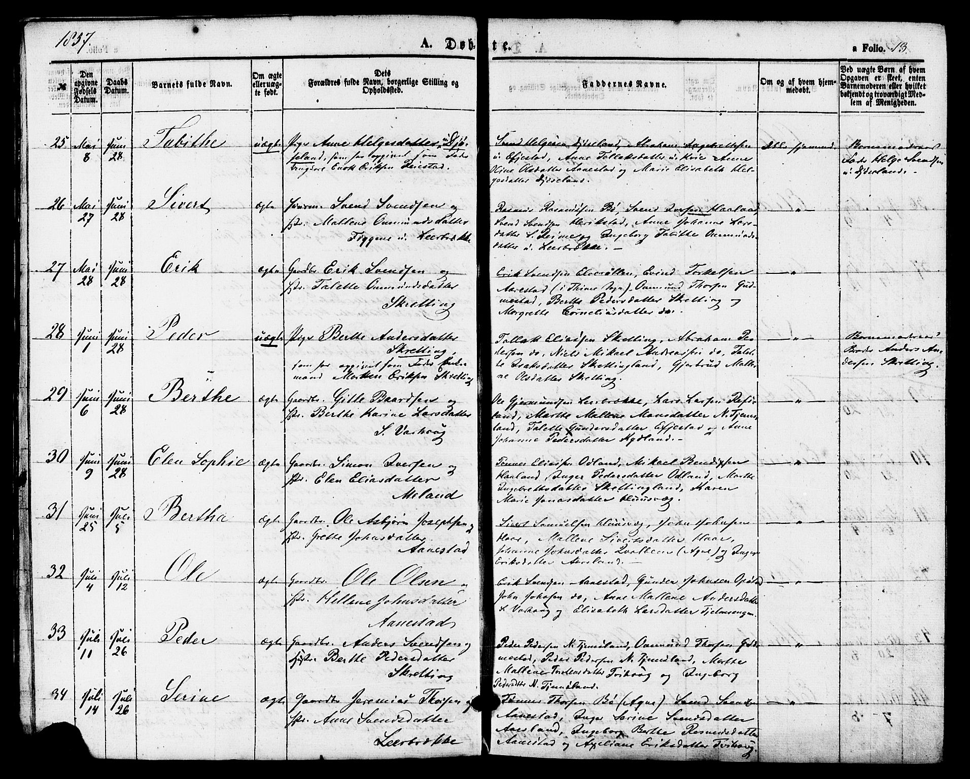 Hå sokneprestkontor, AV/SAST-A-101801/001/30BA/L0009: Parish register (official) no. A 8, 1855-1878, p. 13