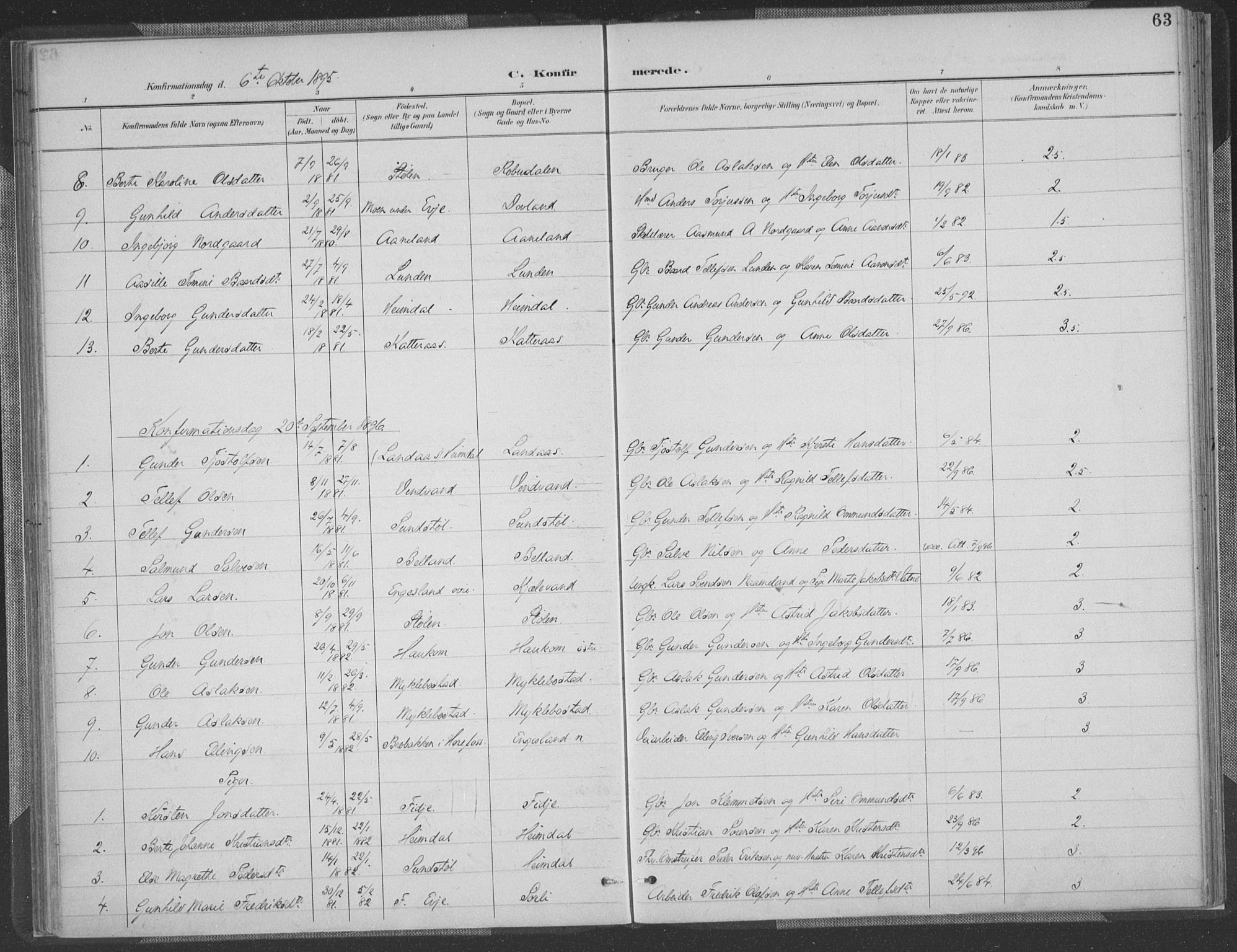 Herefoss sokneprestkontor, SAK/1111-0019/F/Fa/Fab/L0004: Parish register (official) no. A 4, 1887-1909, p. 63
