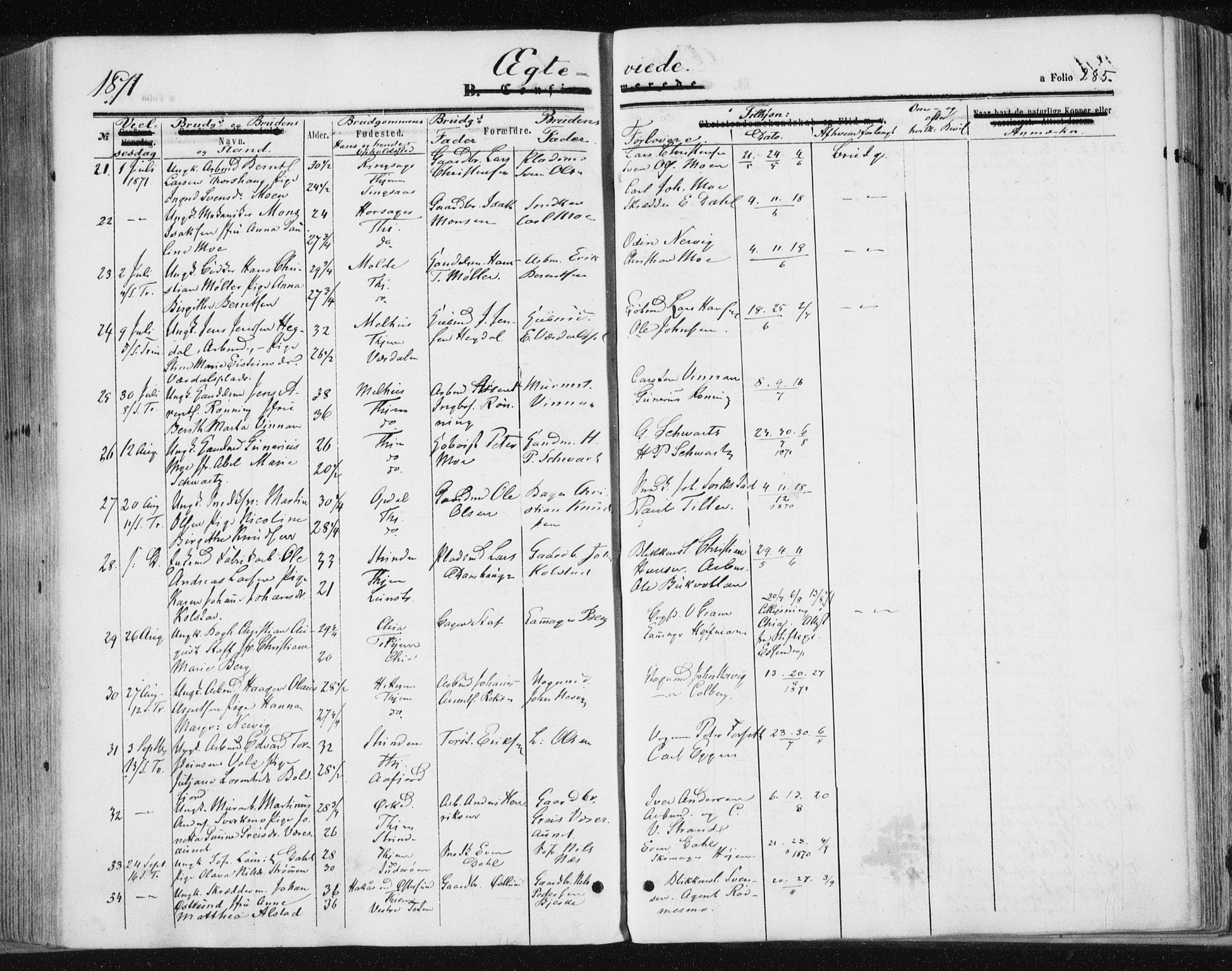 Ministerialprotokoller, klokkerbøker og fødselsregistre - Sør-Trøndelag, AV/SAT-A-1456/602/L0115: Parish register (official) no. 602A13, 1860-1872, p. 285