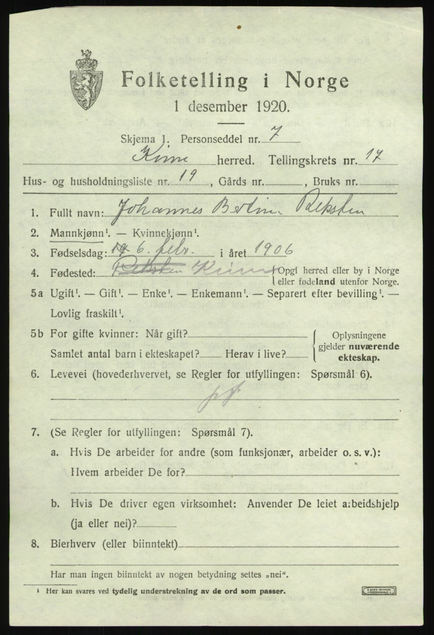 SAB, 1920 census for Kinn, 1920, p. 6311