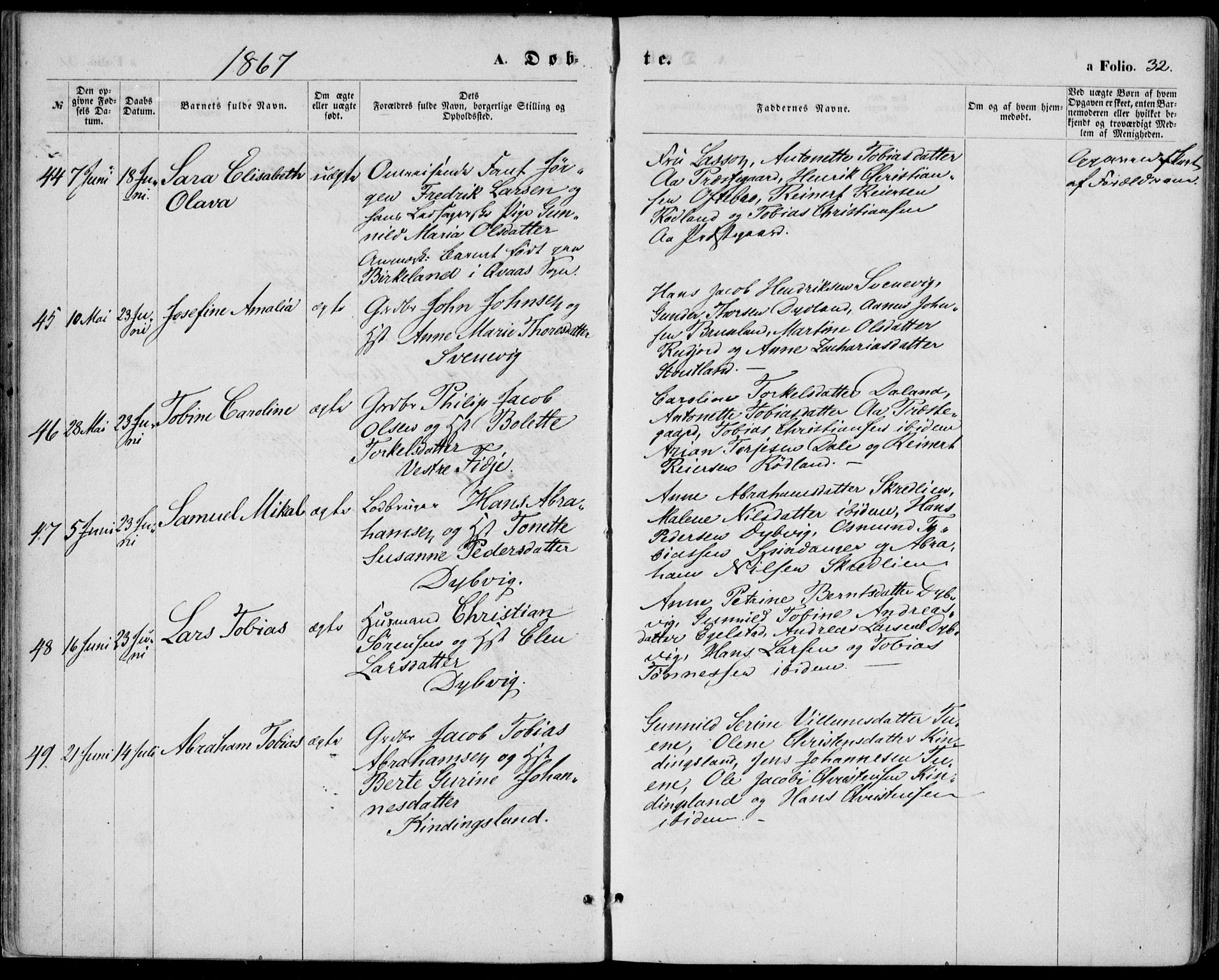 Lyngdal sokneprestkontor, AV/SAK-1111-0029/F/Fa/Fac/L0010: Parish register (official) no. A 10, 1865-1878, p. 32