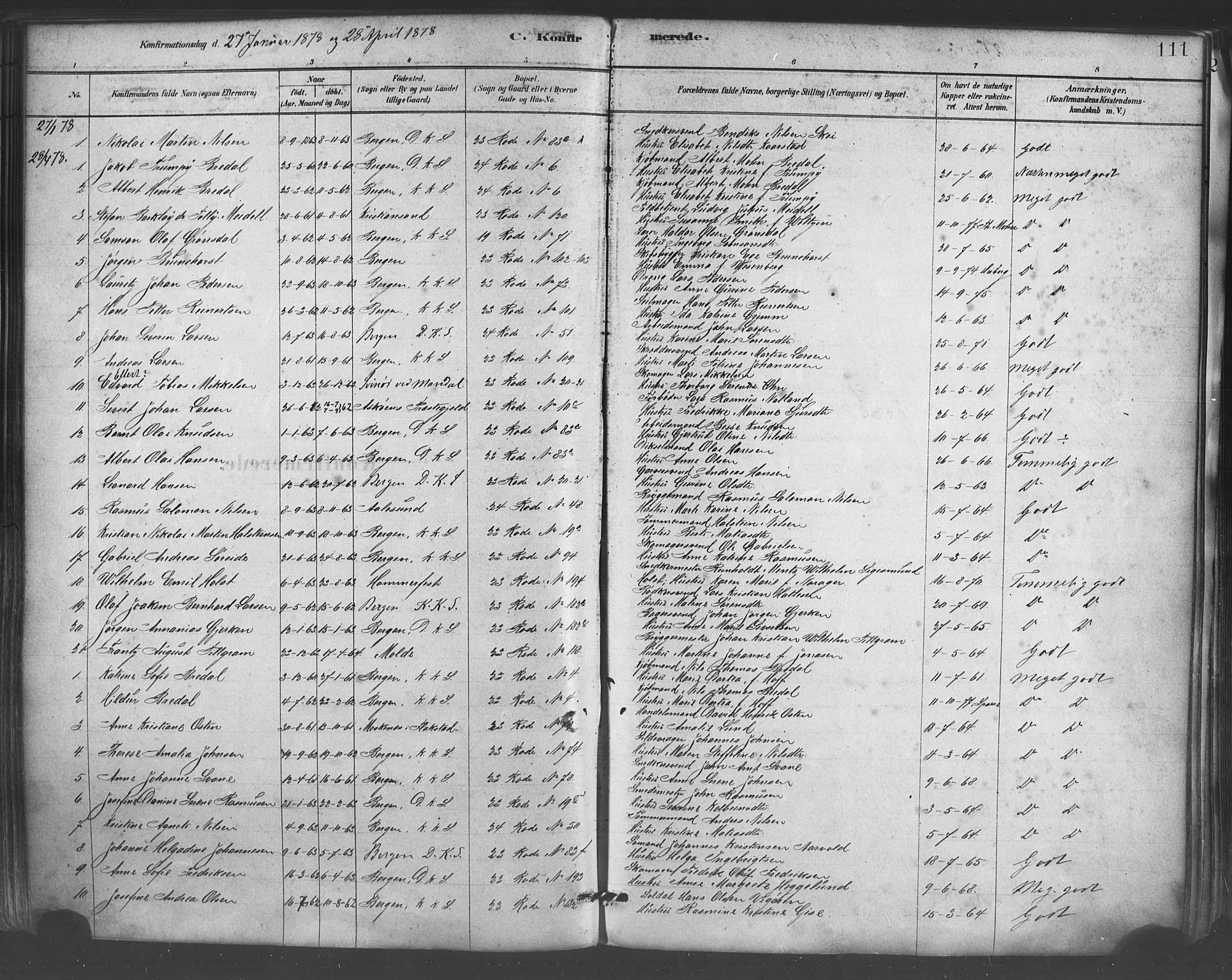 Mariakirken Sokneprestembete, AV/SAB-A-76901/H/Haa/L0007: Parish register (official) no. A 7, 1878-1893, p. 111