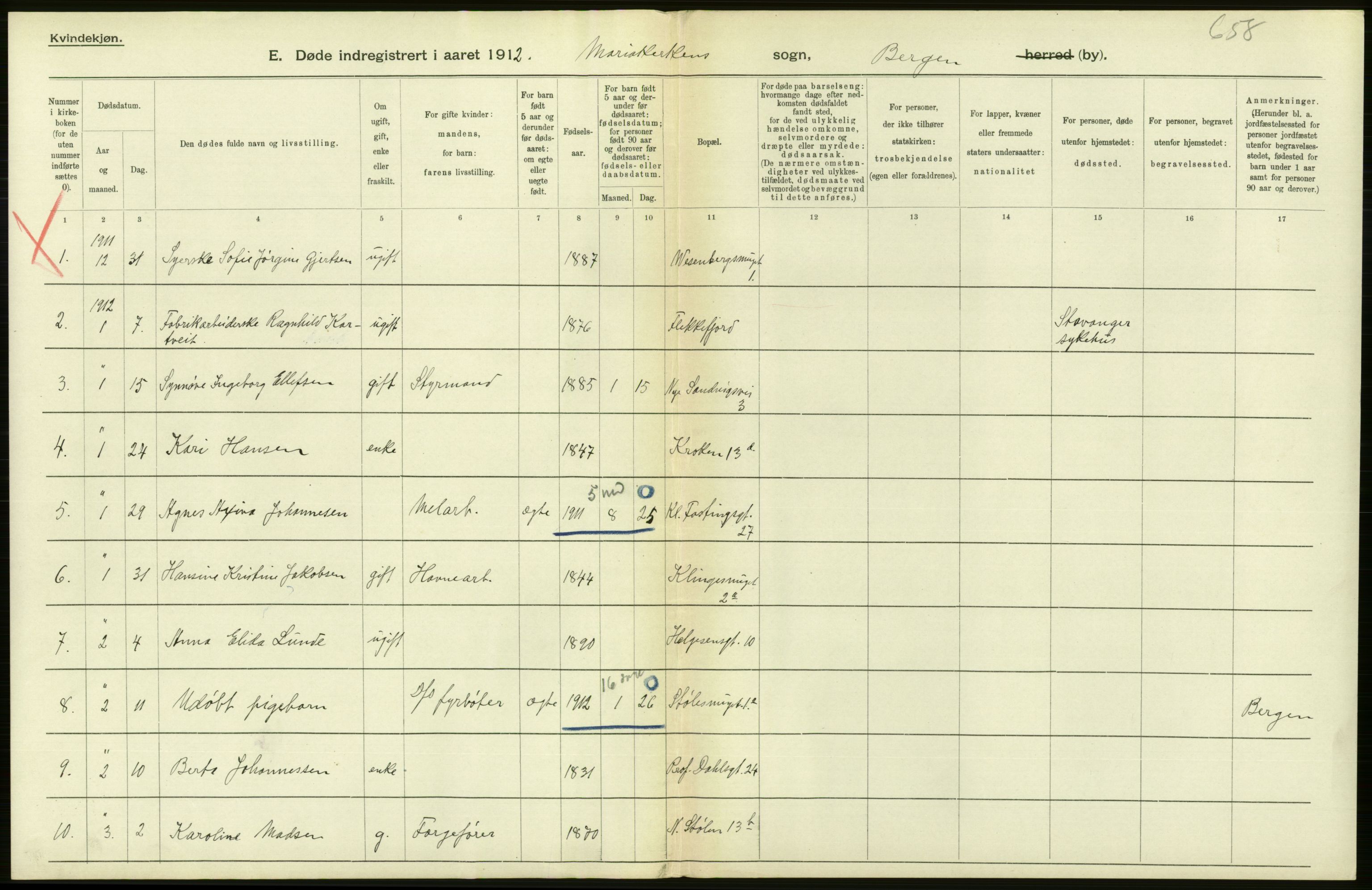 Statistisk sentralbyrå, Sosiodemografiske emner, Befolkning, AV/RA-S-2228/D/Df/Dfb/Dfbb/L0033: Bergen: Gifte, døde, dødfødte., 1912, p. 64