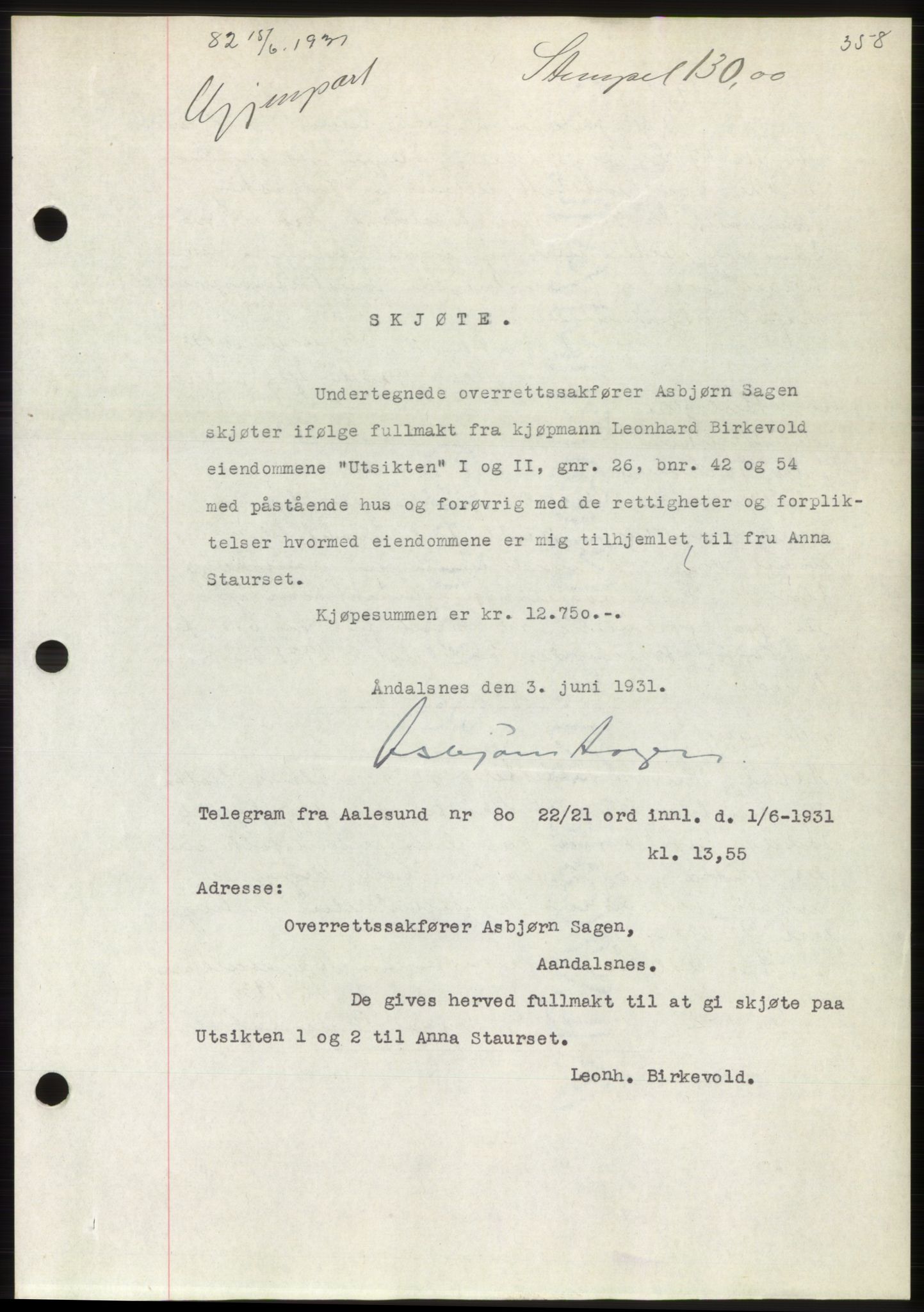 Romsdal sorenskriveri, AV/SAT-A-4149/1/2/2C/L0059: Mortgage book no. 53, 1931-1931, Deed date: 15.06.1931