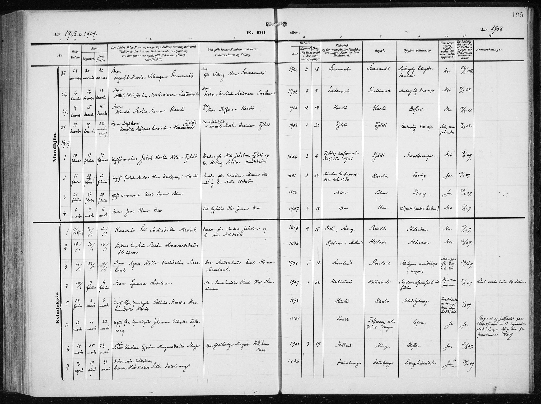 Herdla Sokneprestembete, SAB/A-75701/H/Haa: Parish register (official) no. A 5, 1905-1918, p. 195