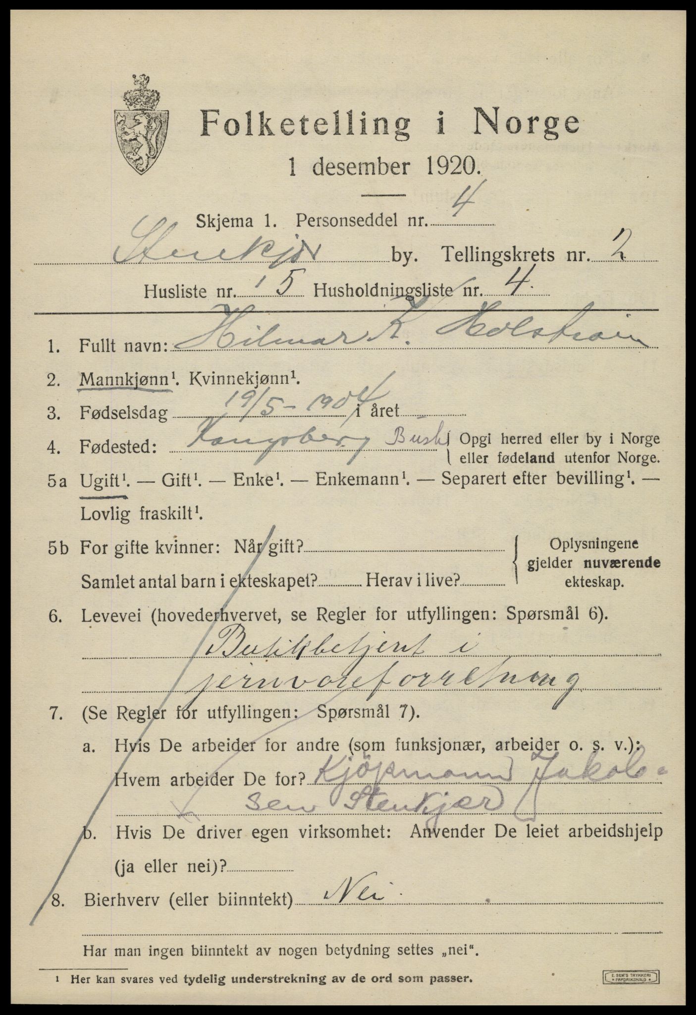 SAT, 1920 census for Steinkjer, 1920, p. 4228