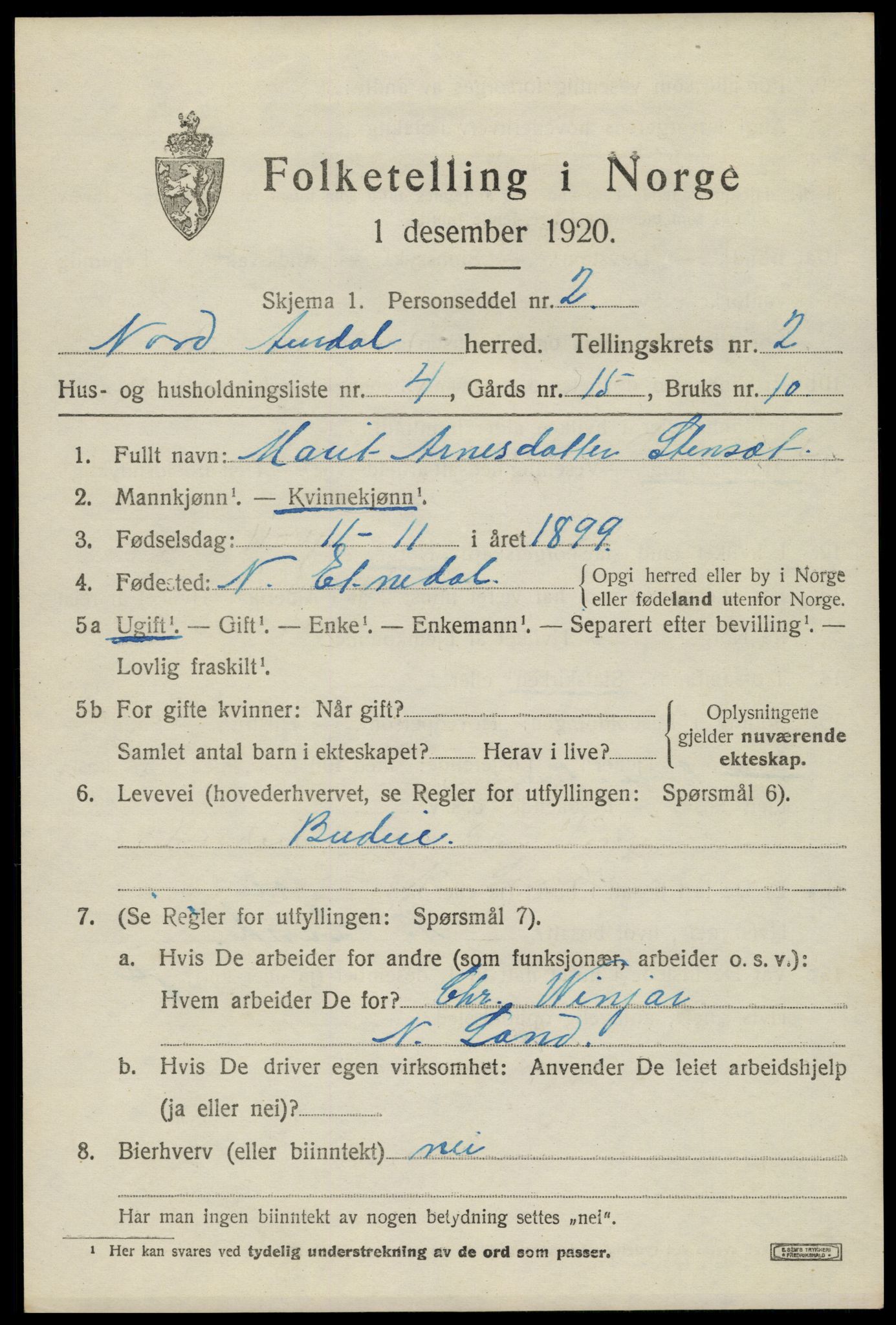 SAH, 1920 census for Nord-Aurdal, 1920, p. 3146