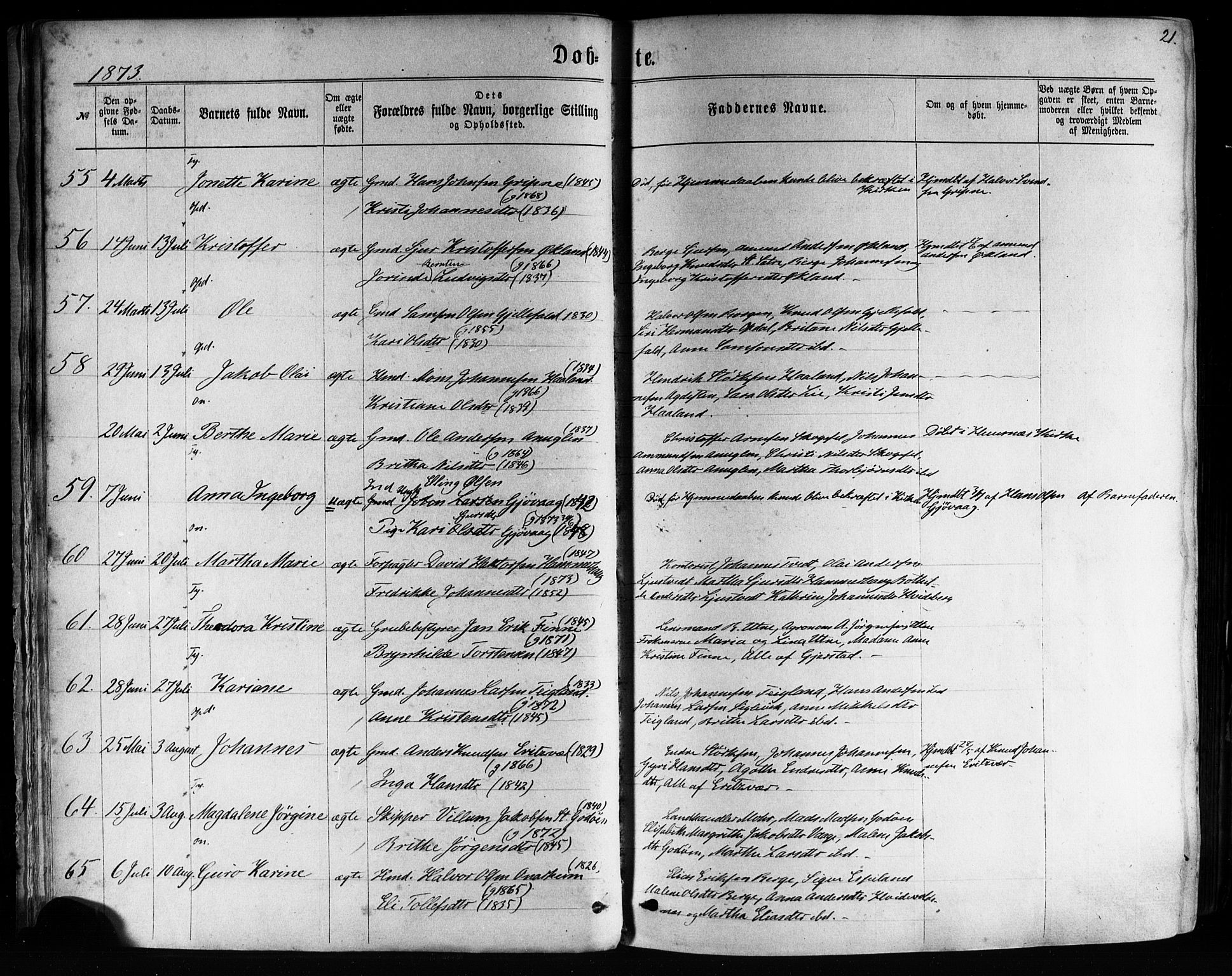 Tysnes sokneprestembete, SAB/A-78601/H/Haa: Parish register (official) no. A 12, 1872-1886, p. 21