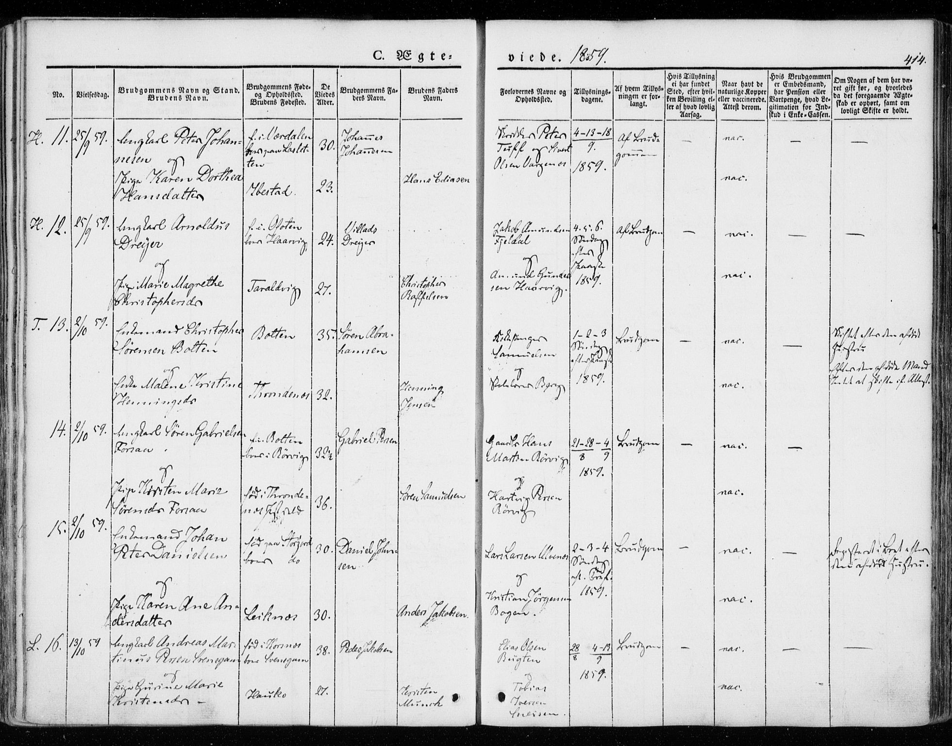 Ministerialprotokoller, klokkerbøker og fødselsregistre - Nordland, AV/SAT-A-1459/872/L1033: Parish register (official) no. 872A08, 1840-1863, p. 414