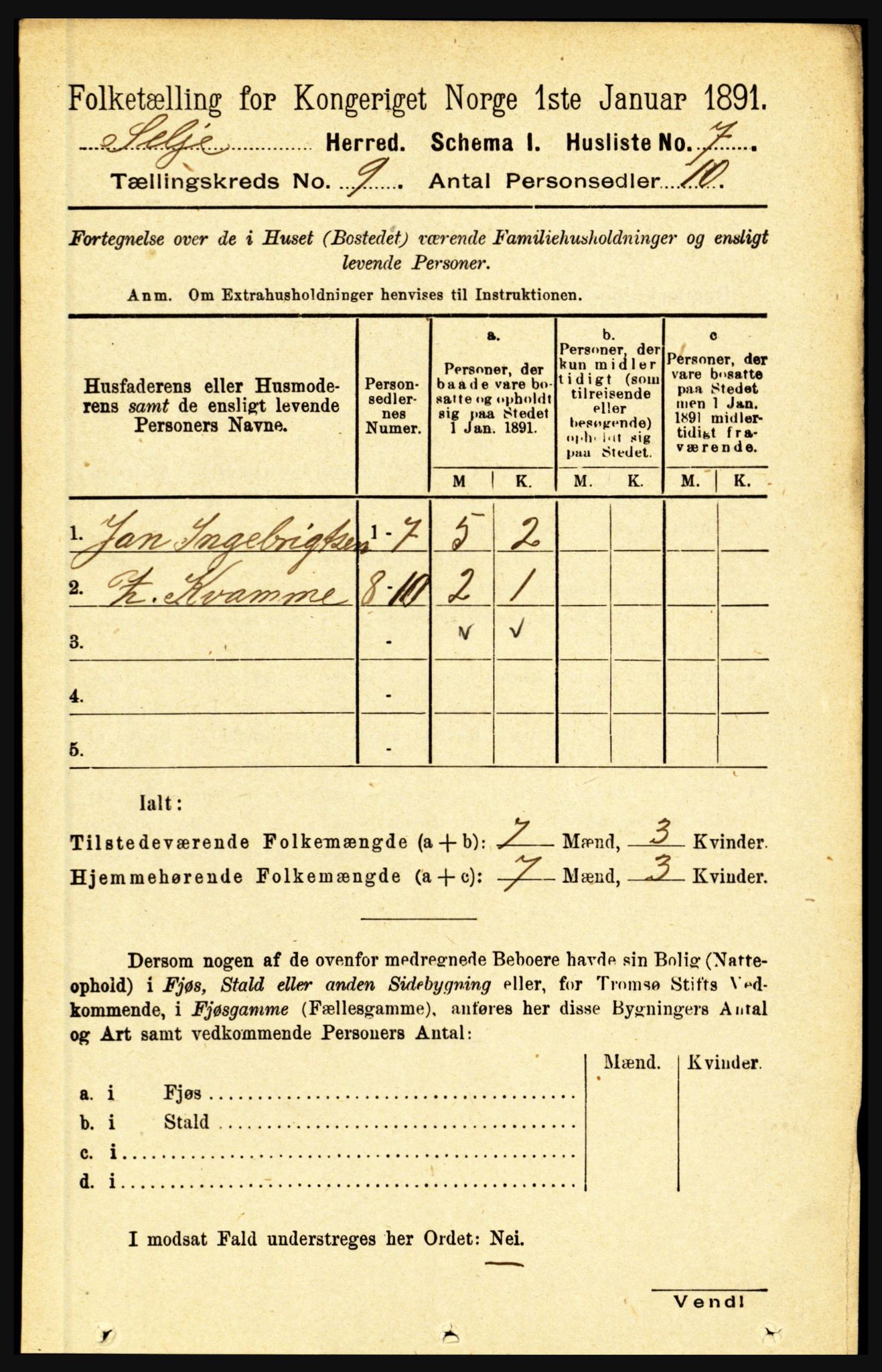 RA, 1891 census for 1441 Selje, 1891, p. 2654