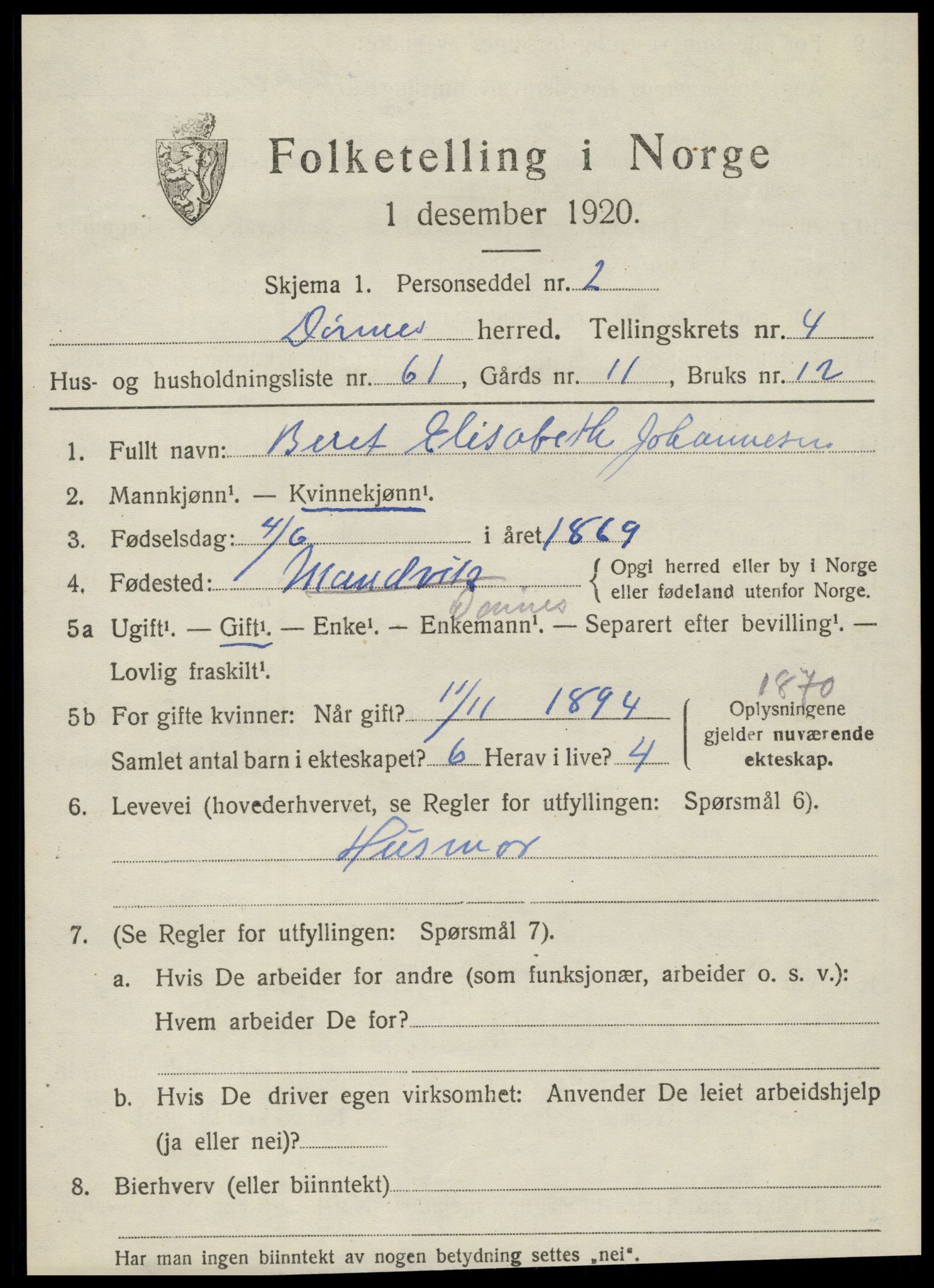 SAT, 1920 census for Dønnes, 1920, p. 2852