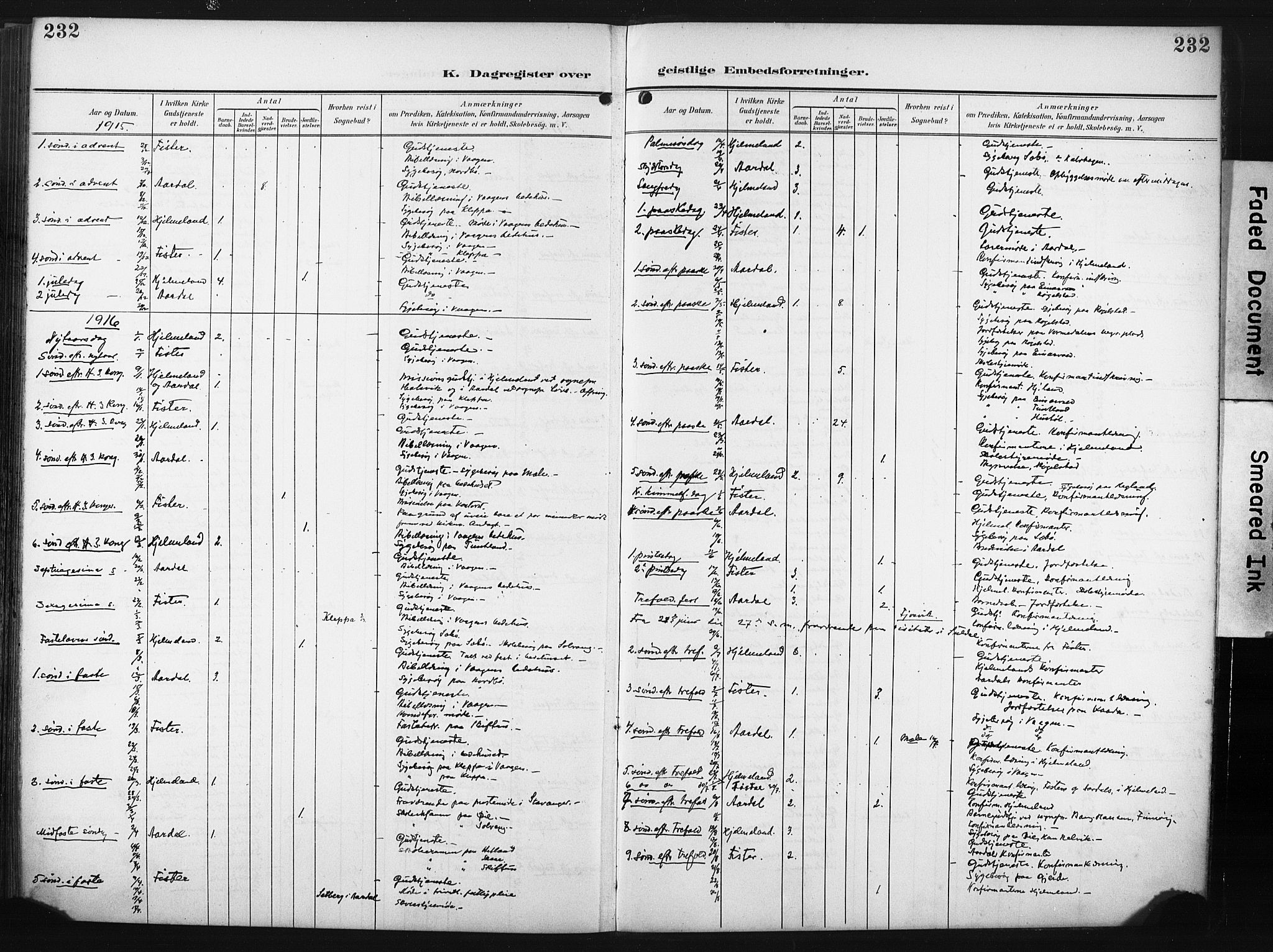 Hjelmeland sokneprestkontor, SAST/A-101843/02/A/L0002: Parish register (official) no. A 17, 1901-1916, p. 232