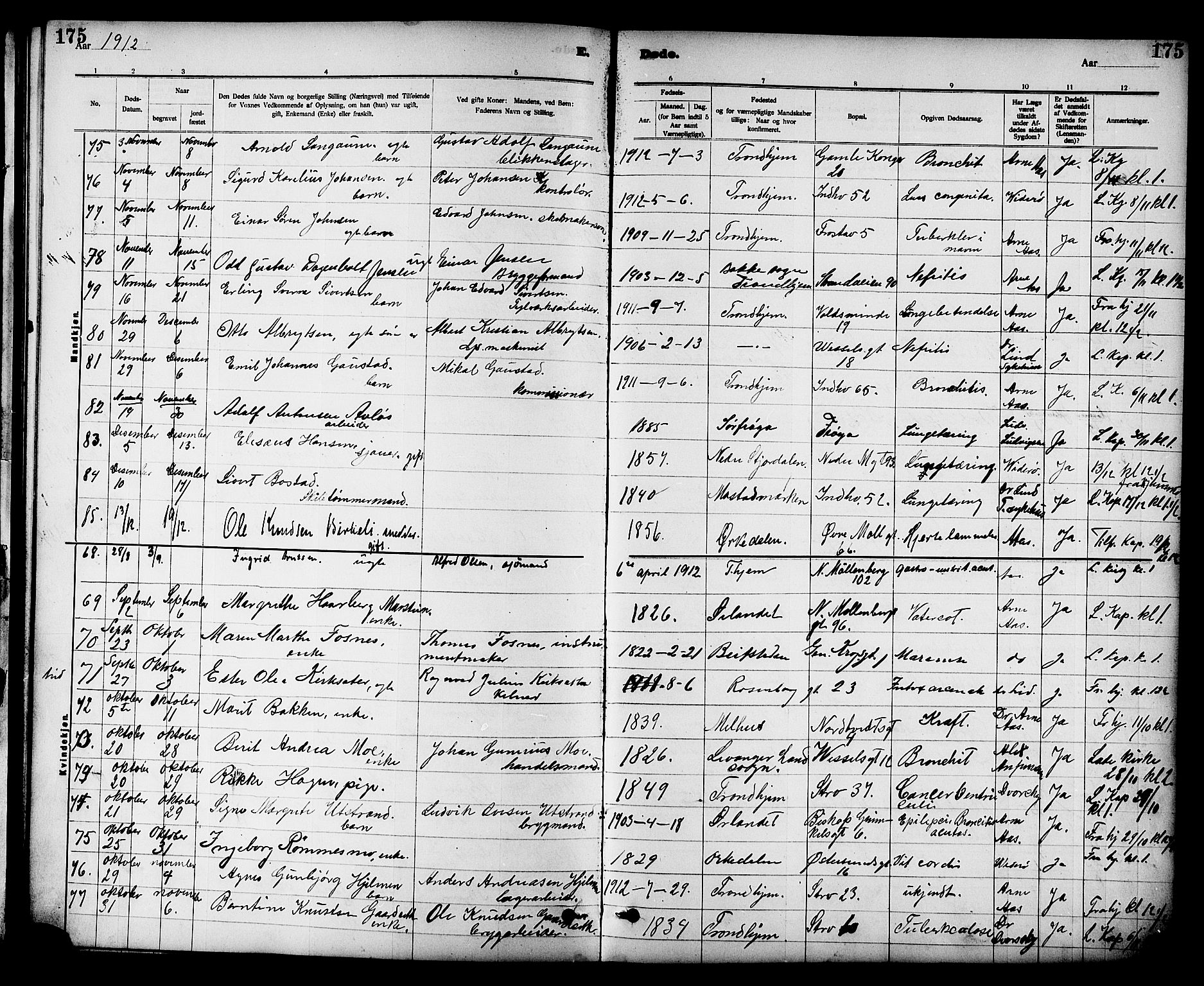 Ministerialprotokoller, klokkerbøker og fødselsregistre - Sør-Trøndelag, SAT/A-1456/605/L0255: Parish register (copy) no. 605C02, 1908-1918, p. 175