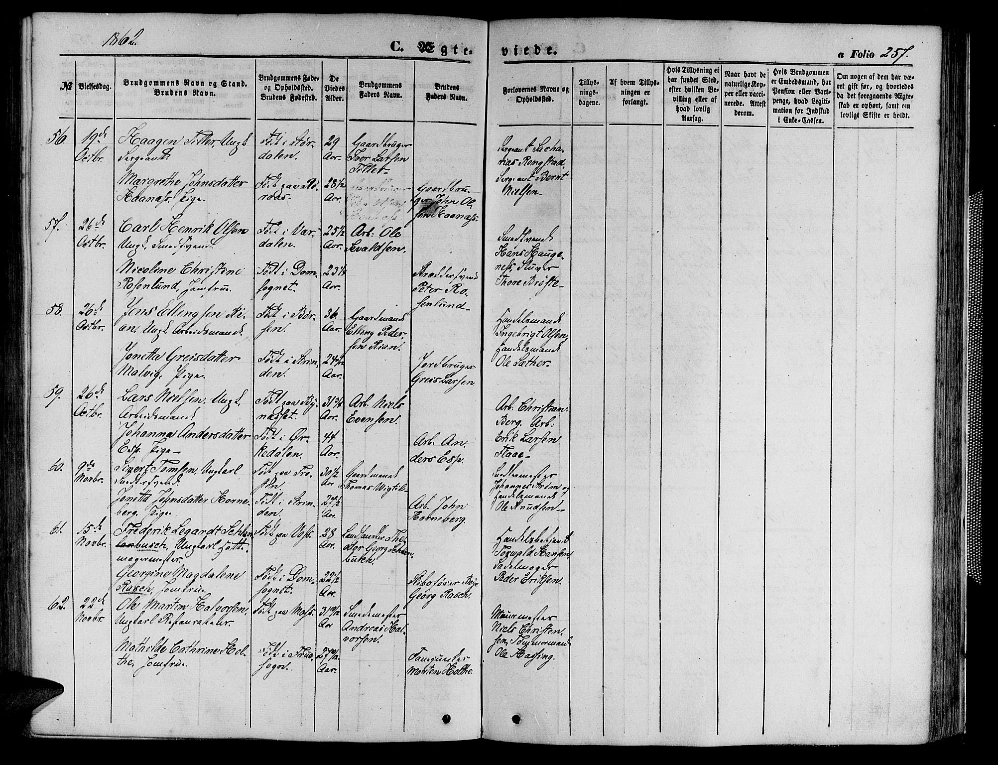 Ministerialprotokoller, klokkerbøker og fødselsregistre - Sør-Trøndelag, SAT/A-1456/602/L0139: Parish register (copy) no. 602C07, 1859-1864, p. 257