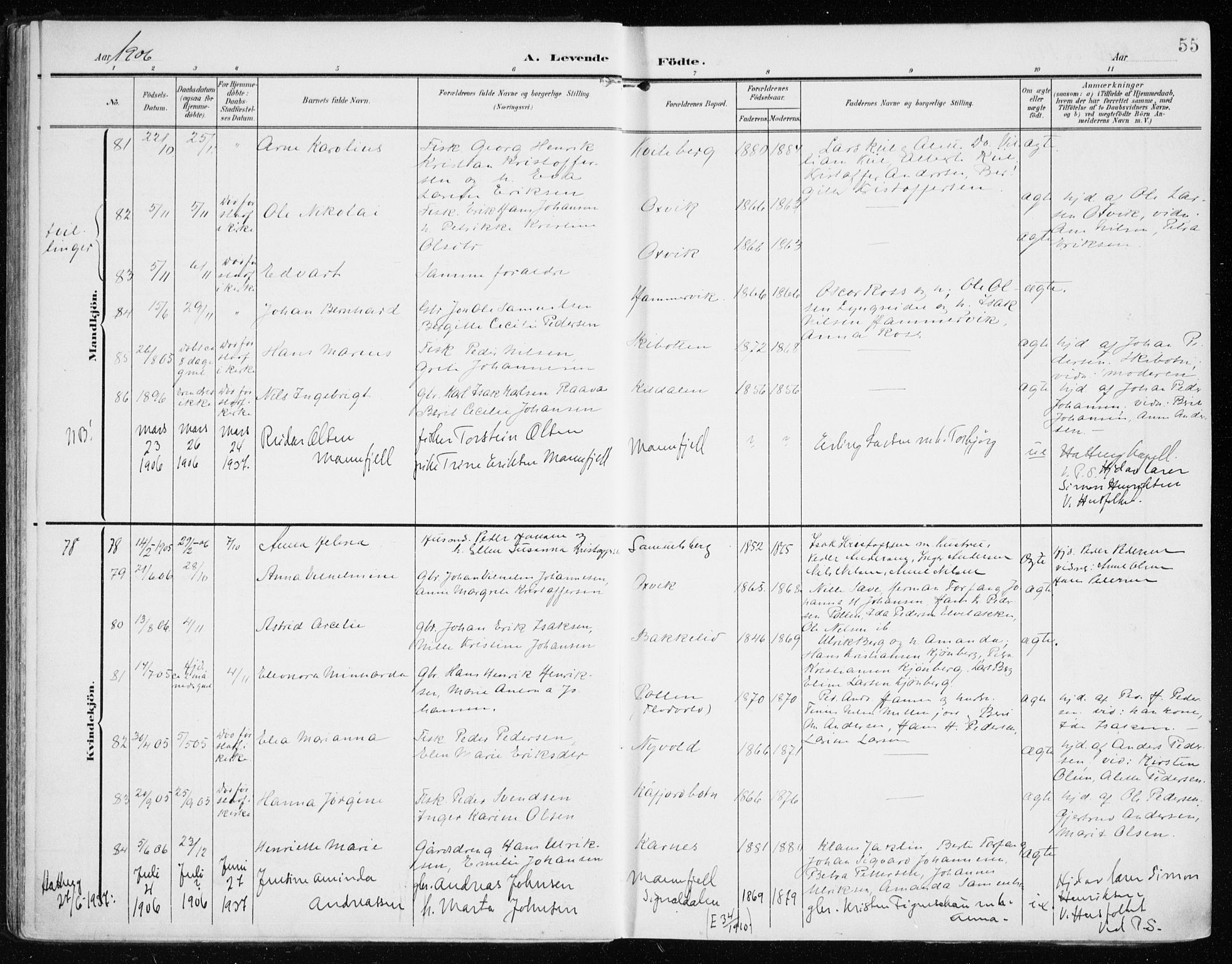 Lyngen sokneprestembete, AV/SATØ-S-1289/H/He/Hea/L0011kirke: Parish register (official) no. 11, 1903-1913, p. 55