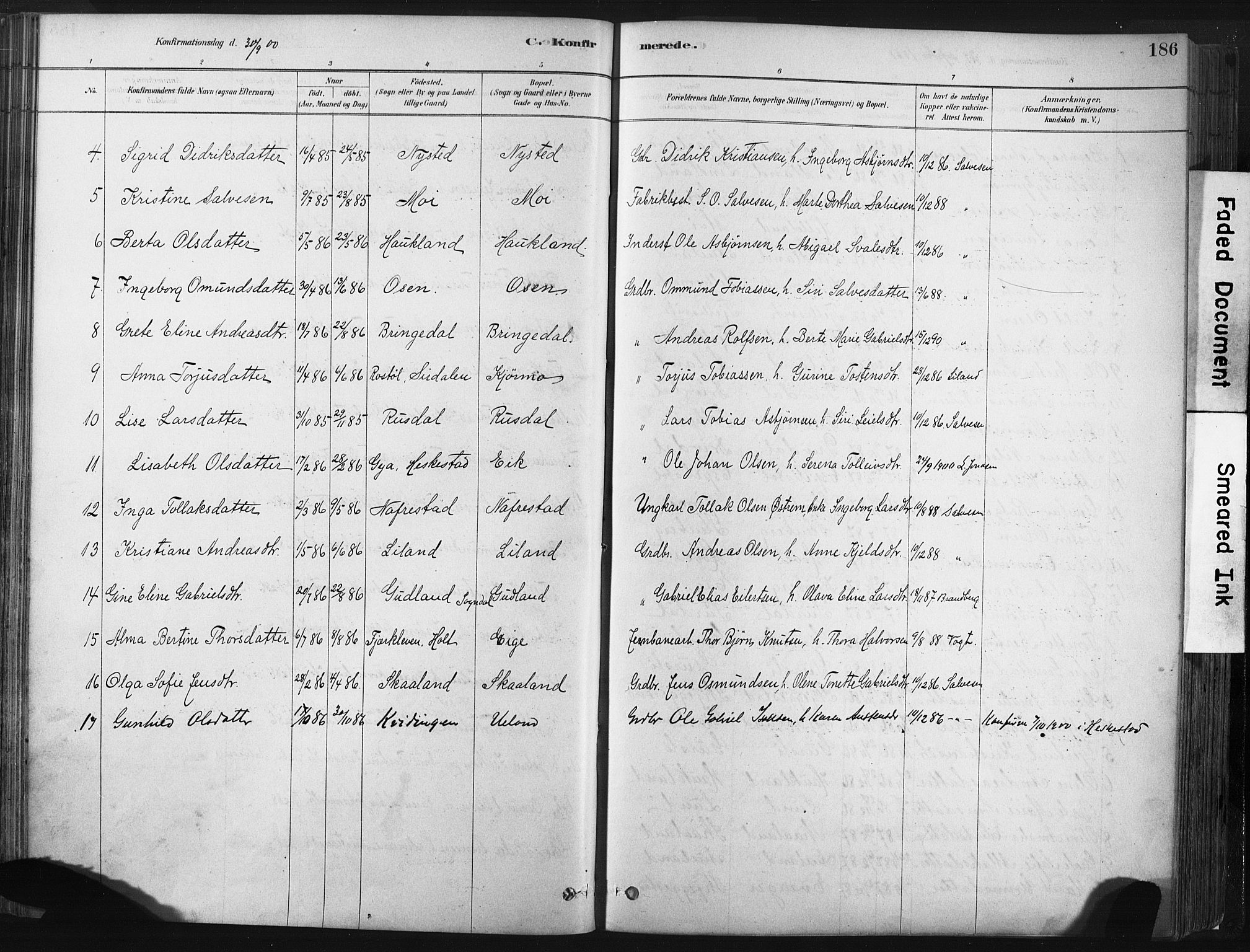 Lund sokneprestkontor, SAST/A-101809/S06/L0011: Parish register (official) no. A 10, 1877-1904, p. 186