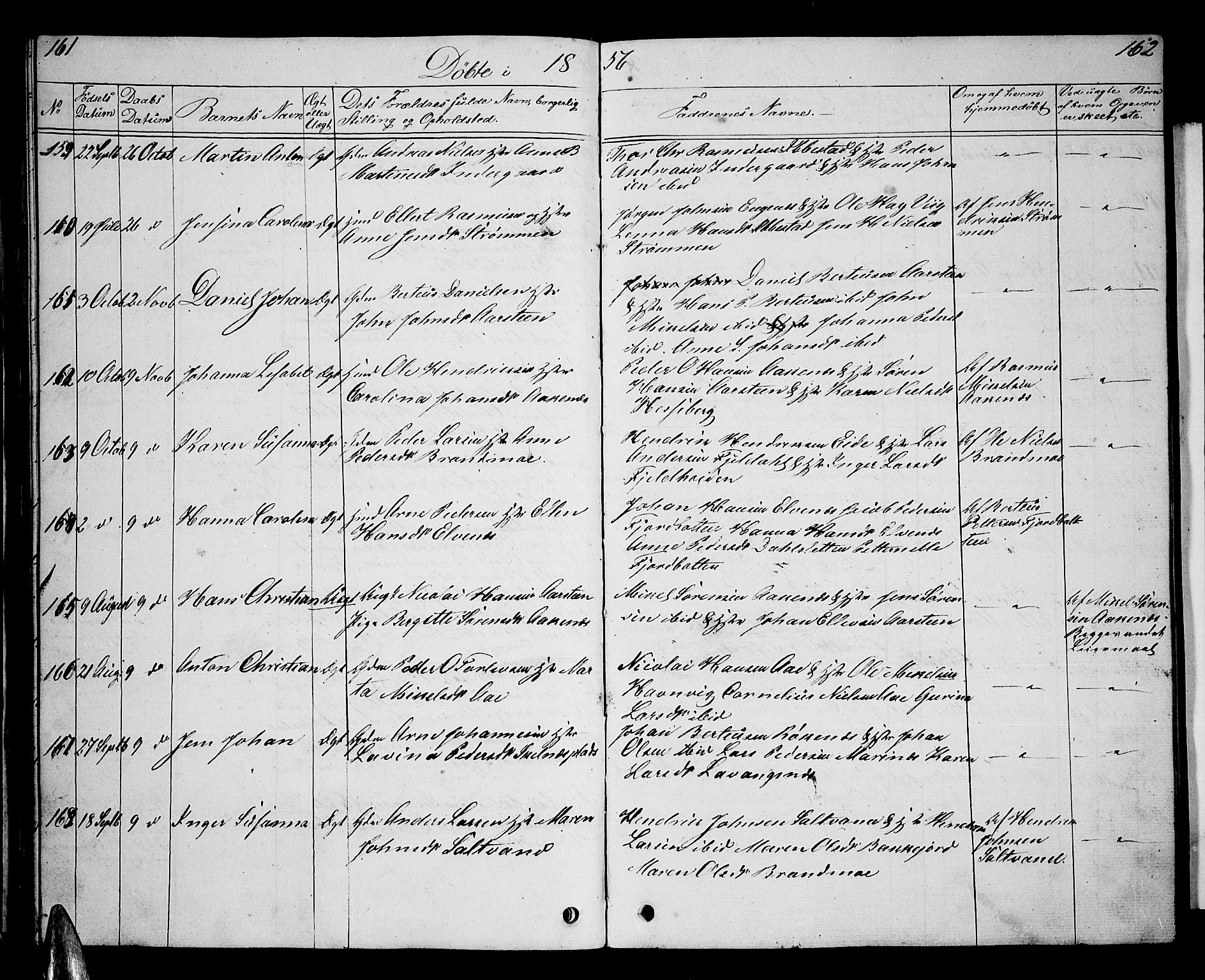 Ibestad sokneprestembete, SATØ/S-0077/H/Ha/Hab/L0004klokker: Parish register (copy) no. 4, 1852-1860, p. 161-162
