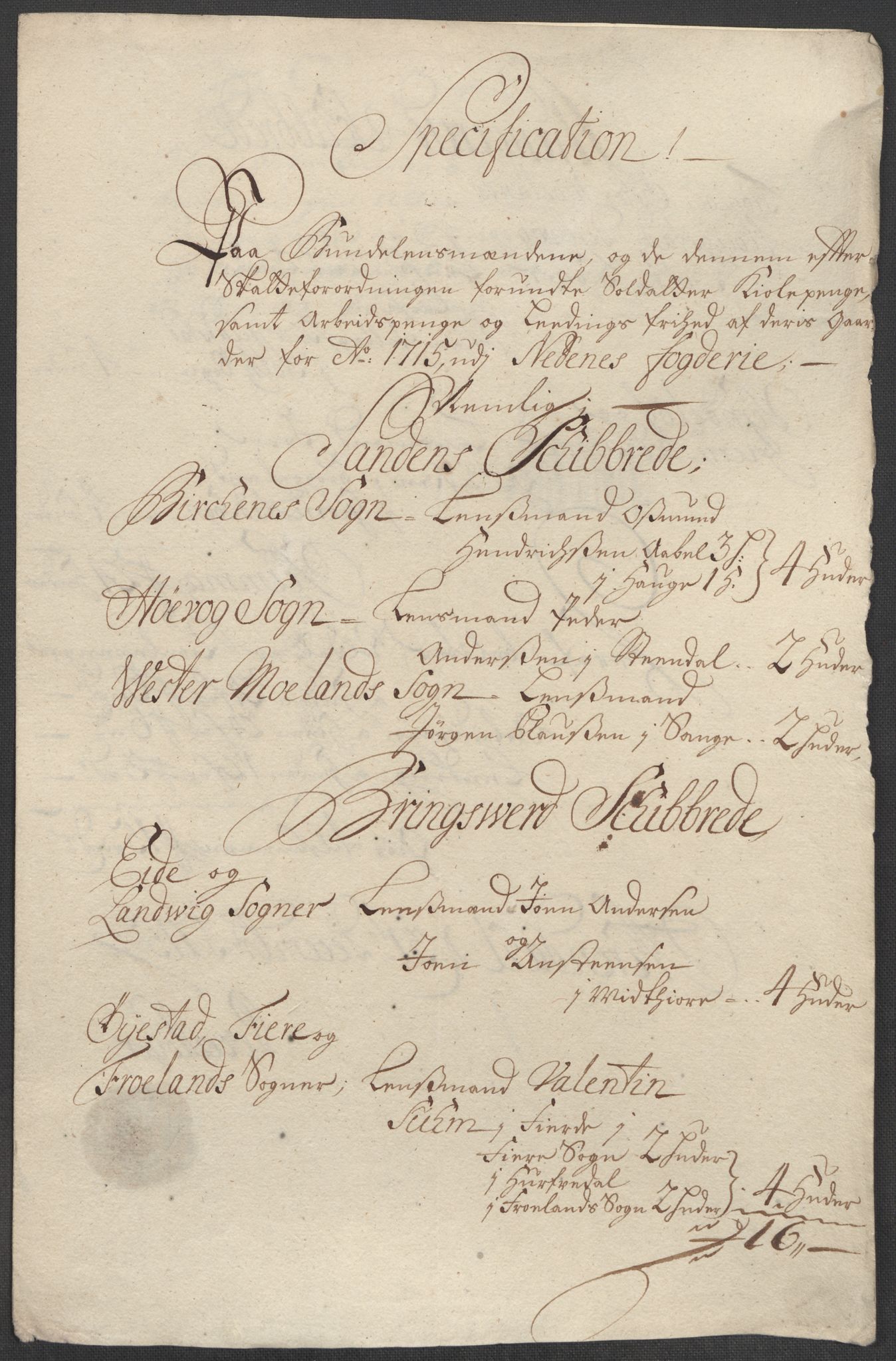 Rentekammeret inntil 1814, Reviderte regnskaper, Fogderegnskap, AV/RA-EA-4092/R39/L2323: Fogderegnskap Nedenes, 1715, p. 285