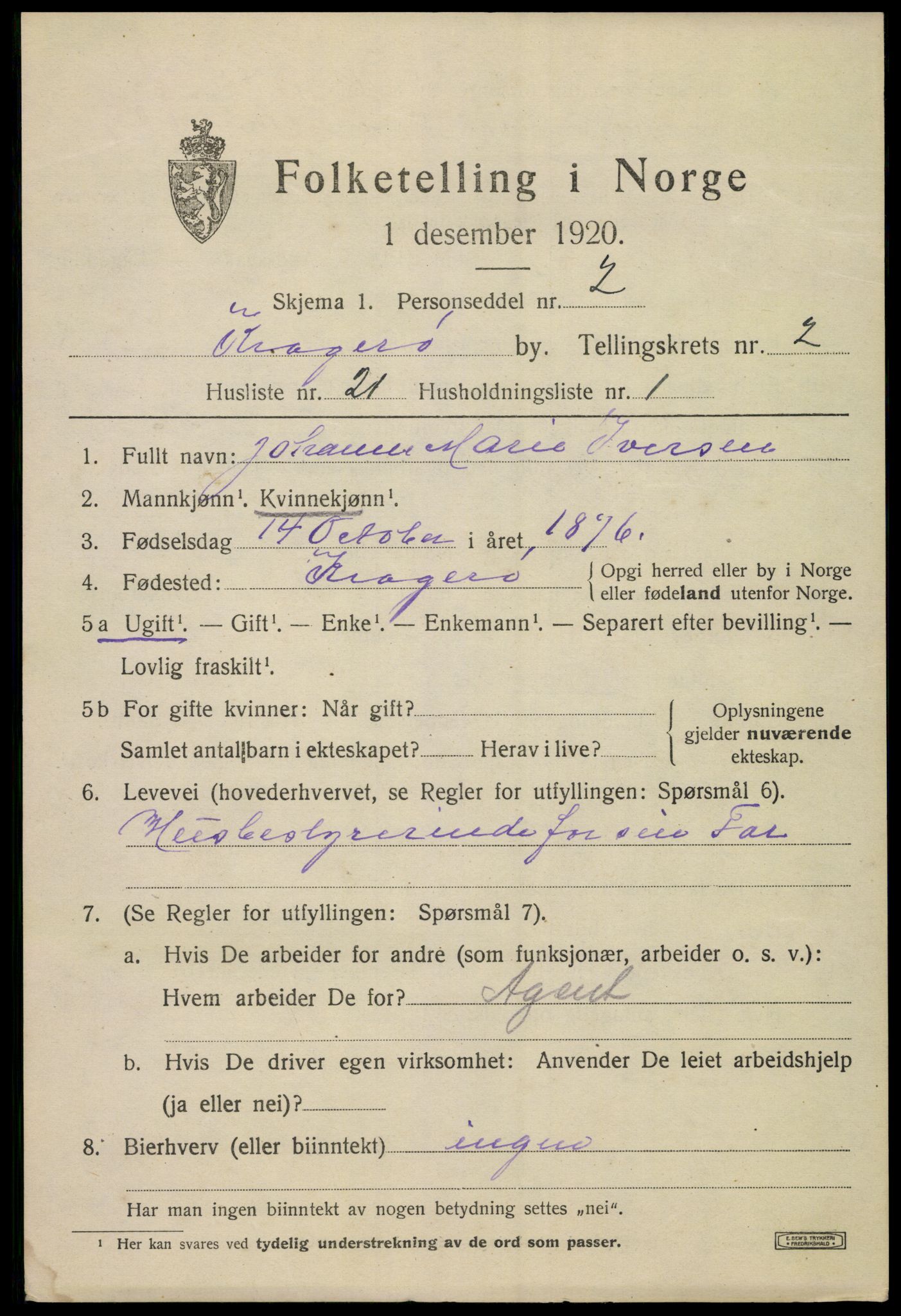 SAKO, 1920 census for Kragerø, 1920, p. 5617