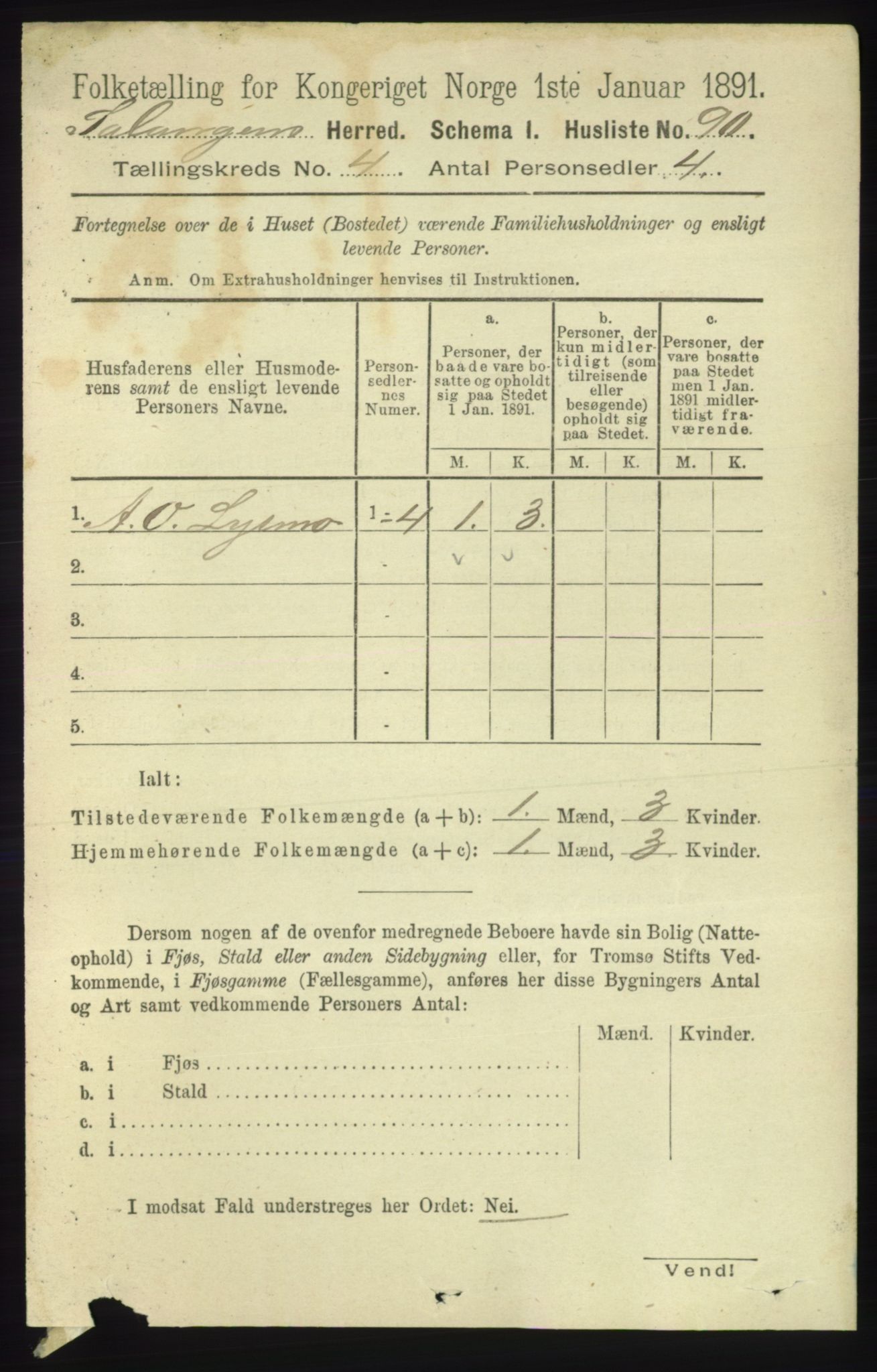 RA, 1891 census for 1921 Salangen, 1891, p. 1827