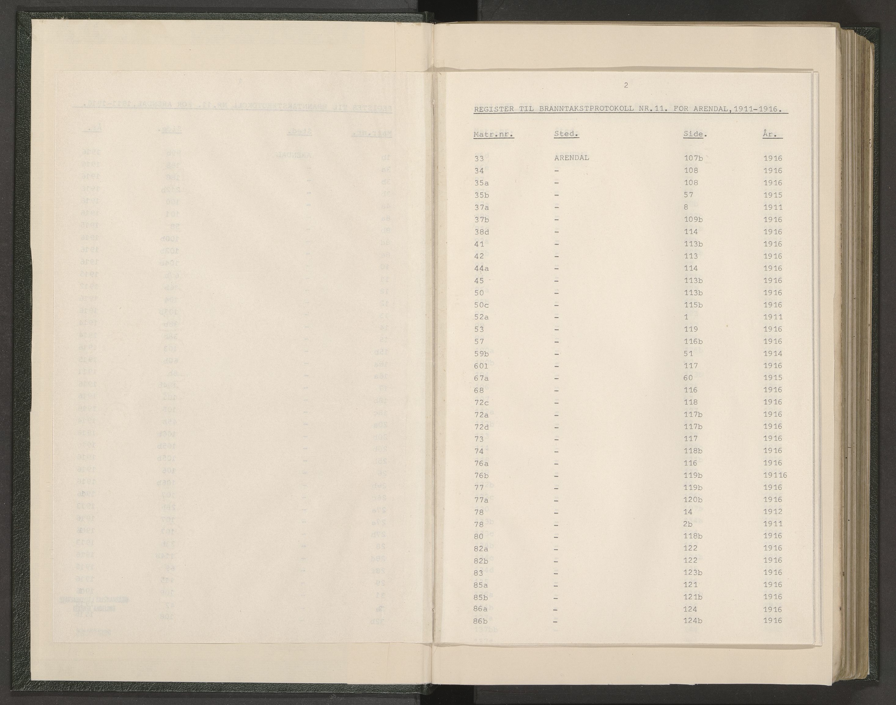 Norges Brannkasse Arendal, AV/SAK-2241-0002/F/Fa/L0028: Branntakstprotokoll nr. 26 med matrikkelnummerregister, 1911-1916