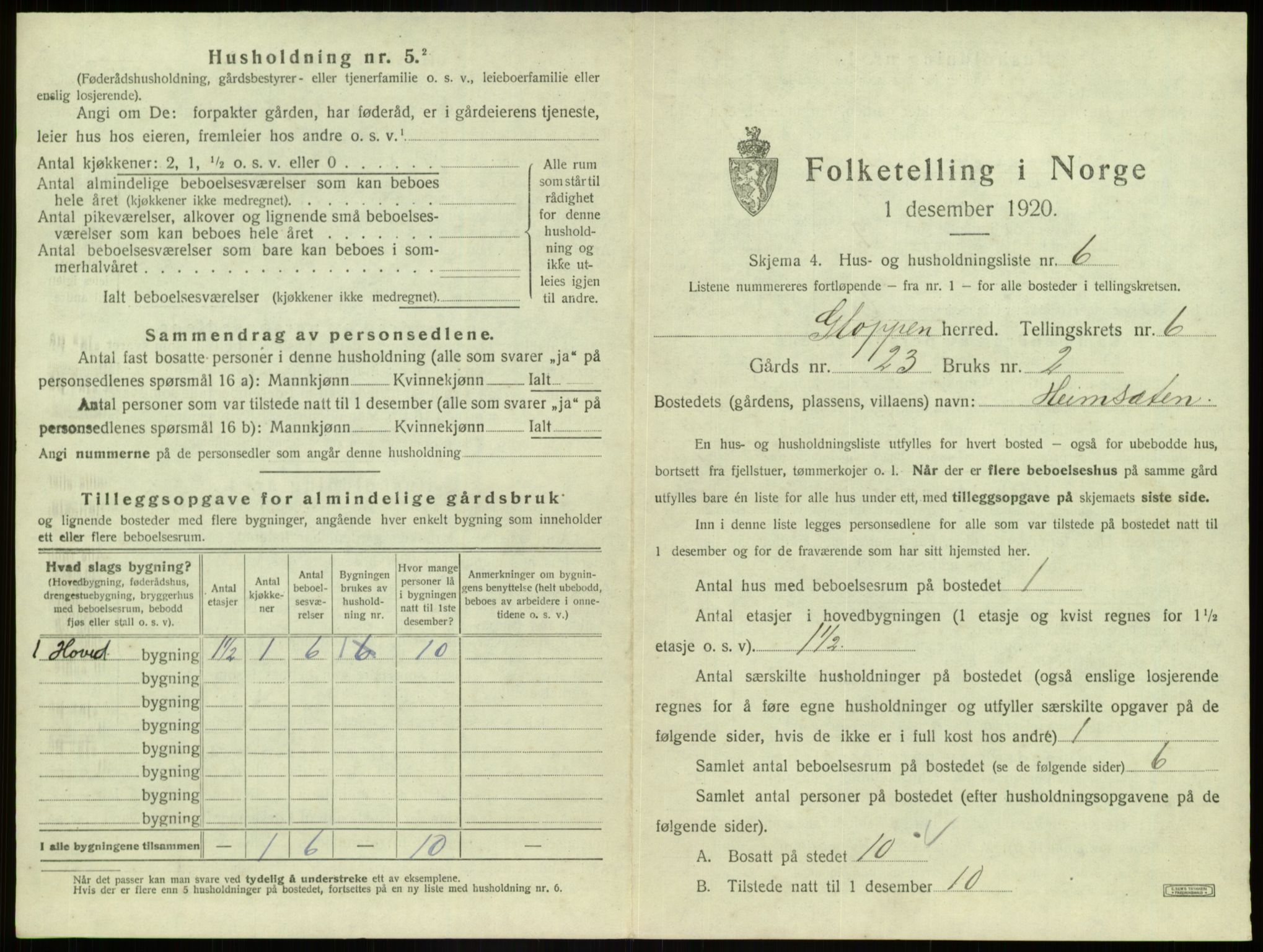 SAB, 1920 census for Gloppen, 1920, p. 450