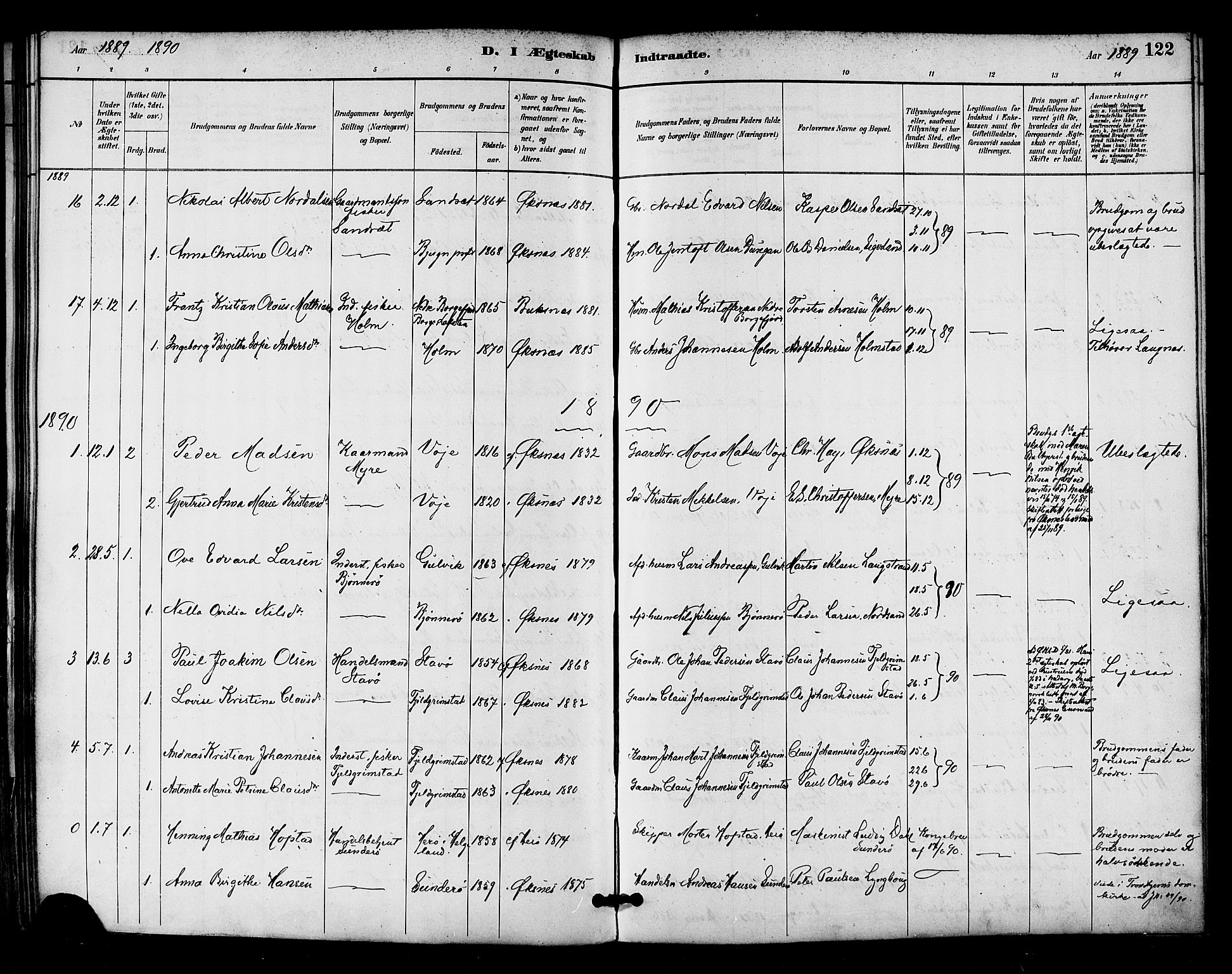 Ministerialprotokoller, klokkerbøker og fødselsregistre - Nordland, AV/SAT-A-1459/893/L1337: Parish register (official) no. 893A09, 1885-1893, p. 122