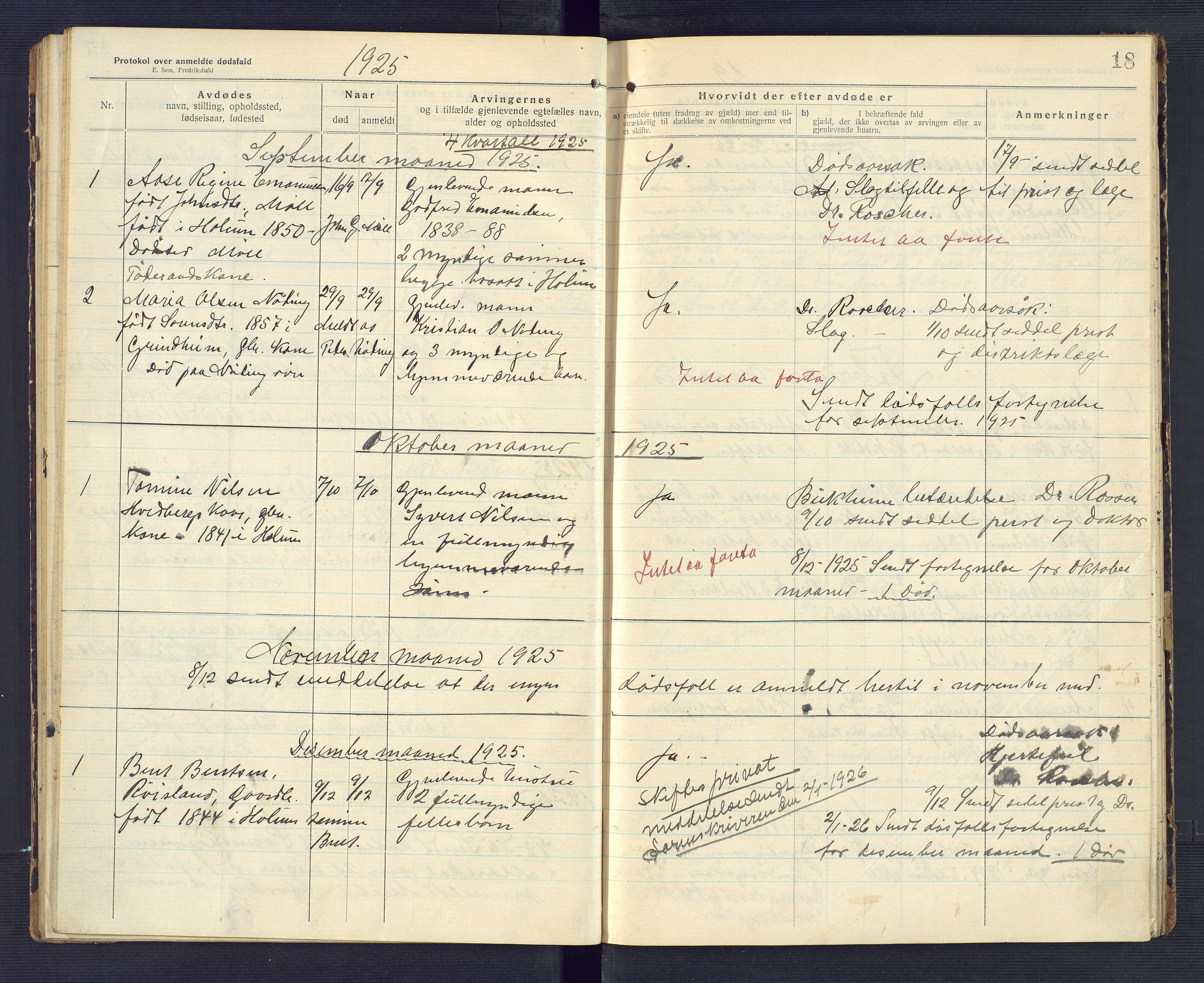 Holum lensmannskontor, SAK/1241-0022/F/Fe/L0002: Anmeldte dødsfall nr 22, 1922-1932, p. 18