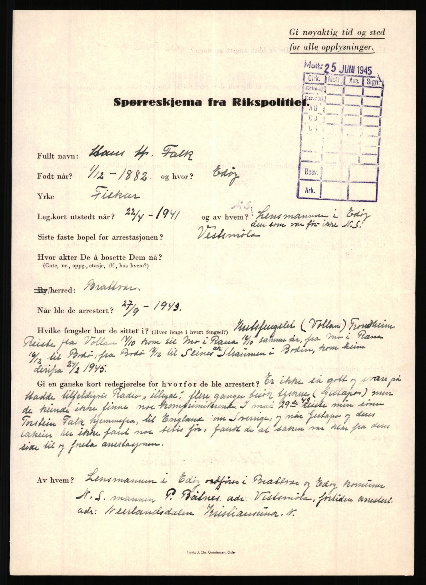 Rikspolitisjefen, AV/RA-S-1560/L/L0004: Eriksen, Alf - Geving, Øivind, 1940-1945, p. 321