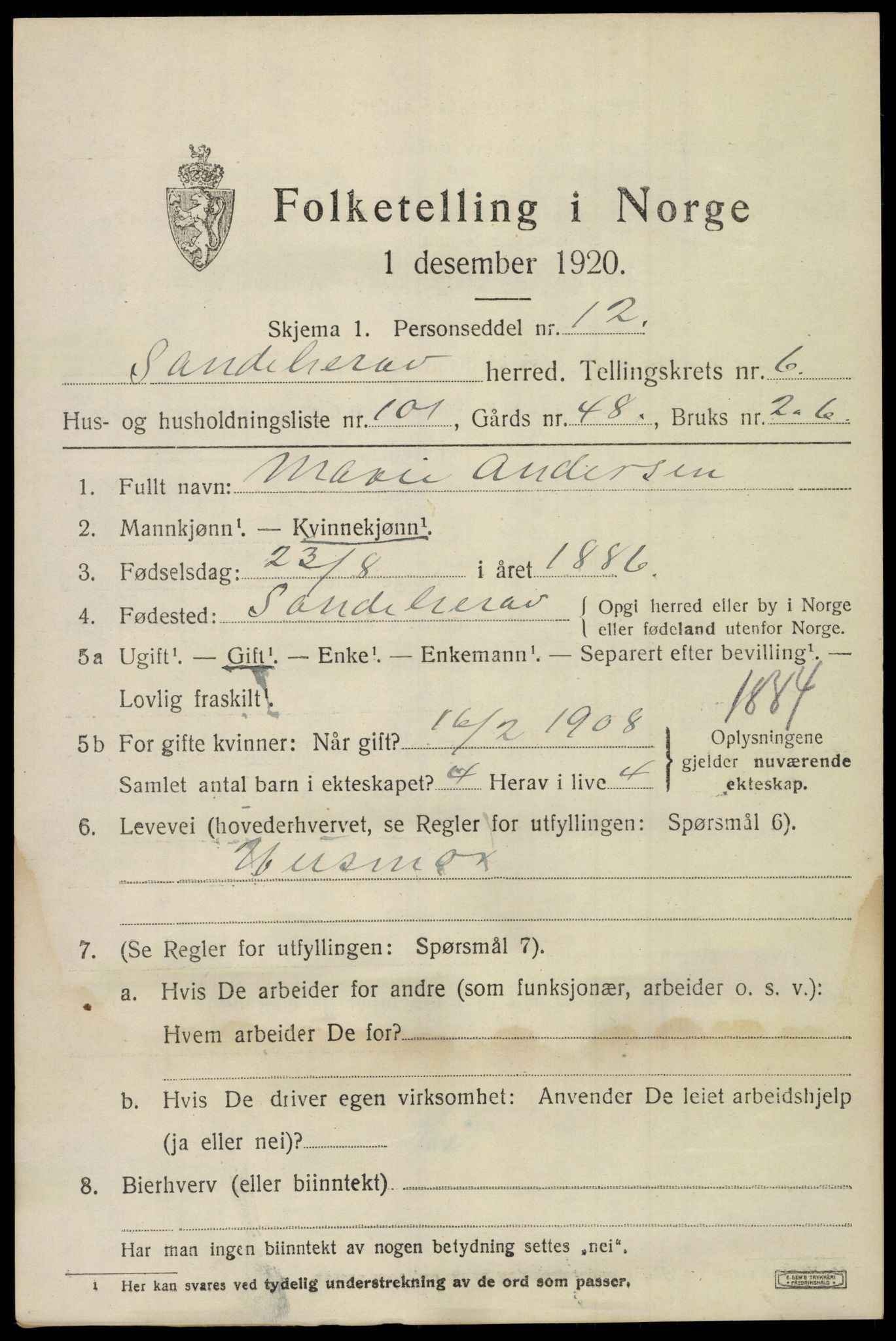 SAKO, 1920 census for Sandeherred, 1920, p. 10984
