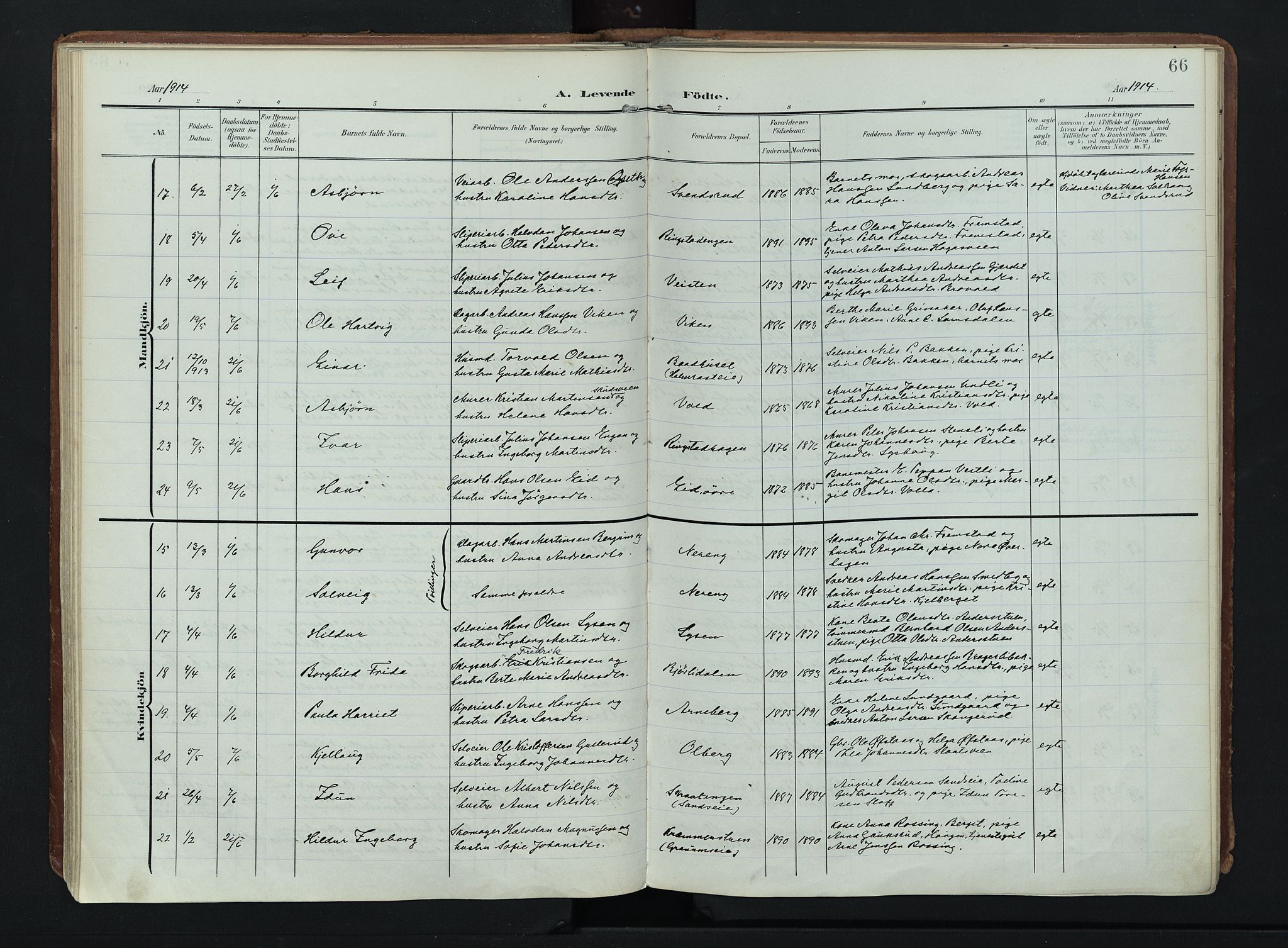 Søndre Land prestekontor, AV/SAH-PREST-122/K/L0007: Parish register (official) no. 7, 1905-1914, p. 66